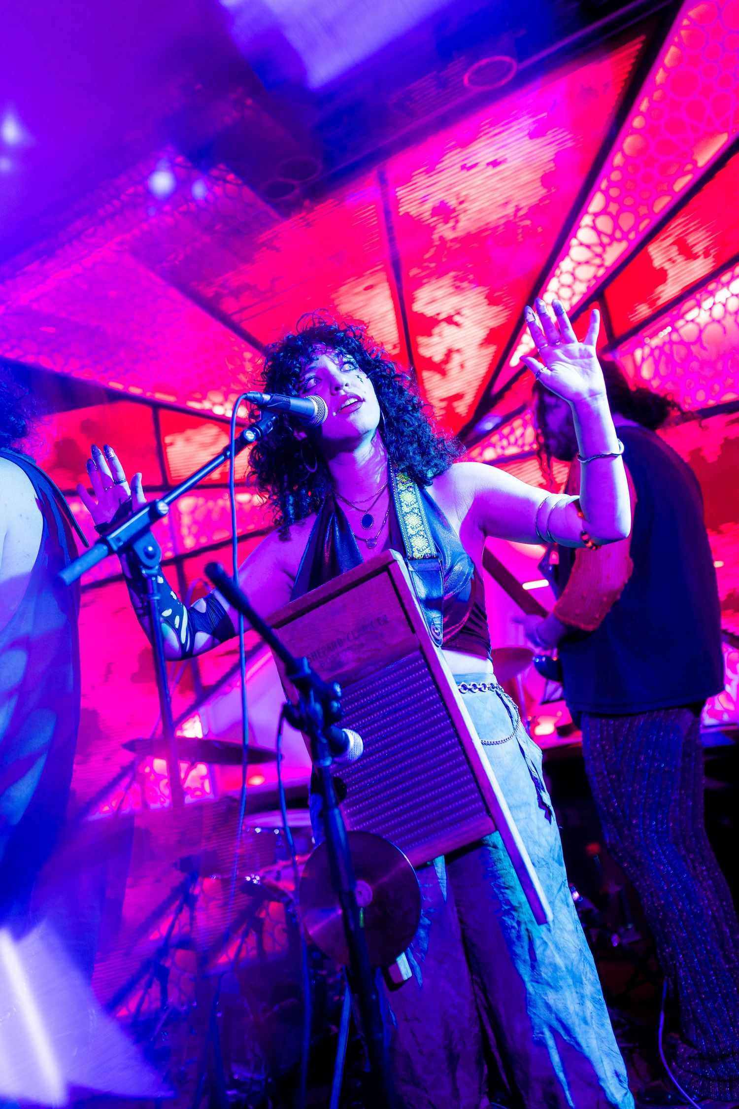 Concert stage bathed in vibrant pink and purple lighting creates dramatic atmosphere during performance. Brooklyn, the Sultan's Room