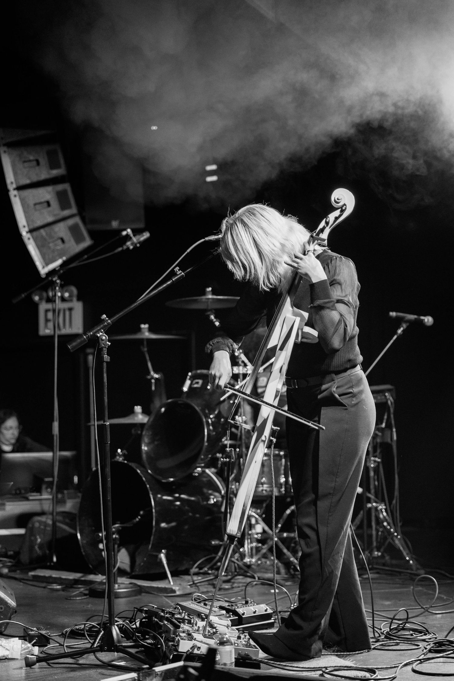 Musicians with instruments captured in atmospheric black and white stage lighting.