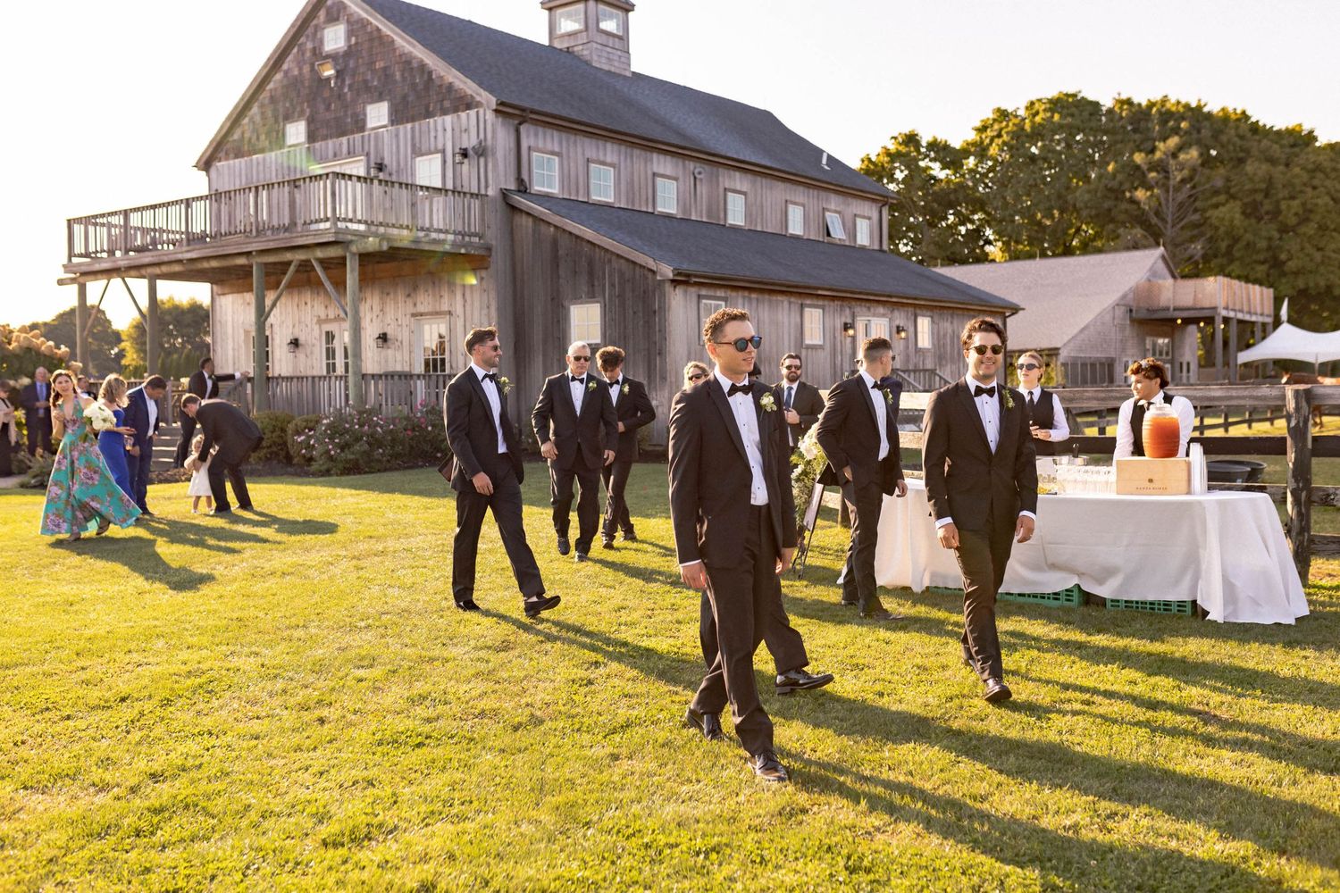 Wedding guests gather on a sunlit lawn during a late afternoon outdoor reception celebration.