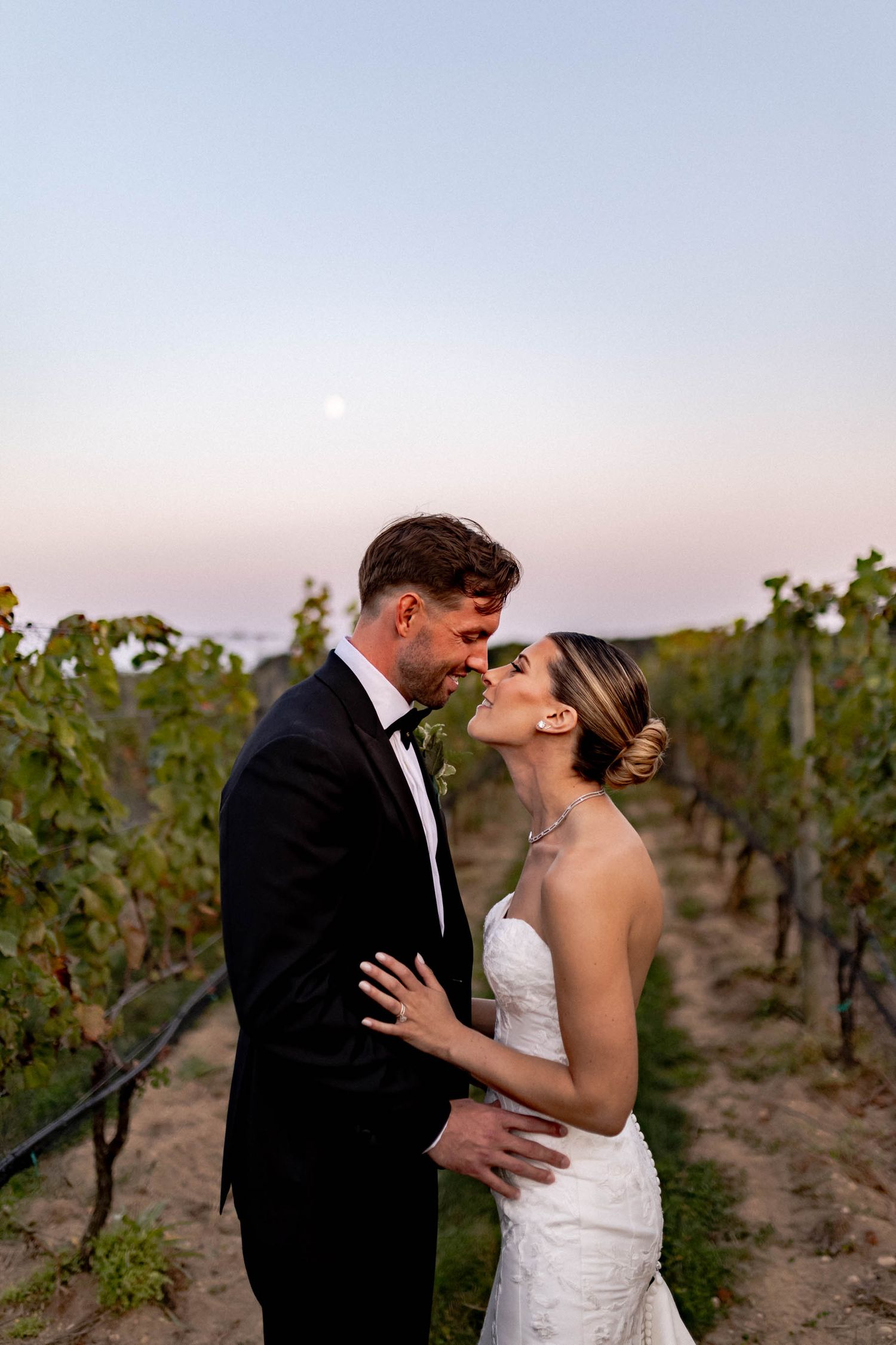 A romantic couple shares a tender kiss among vineyard rows at sunset.