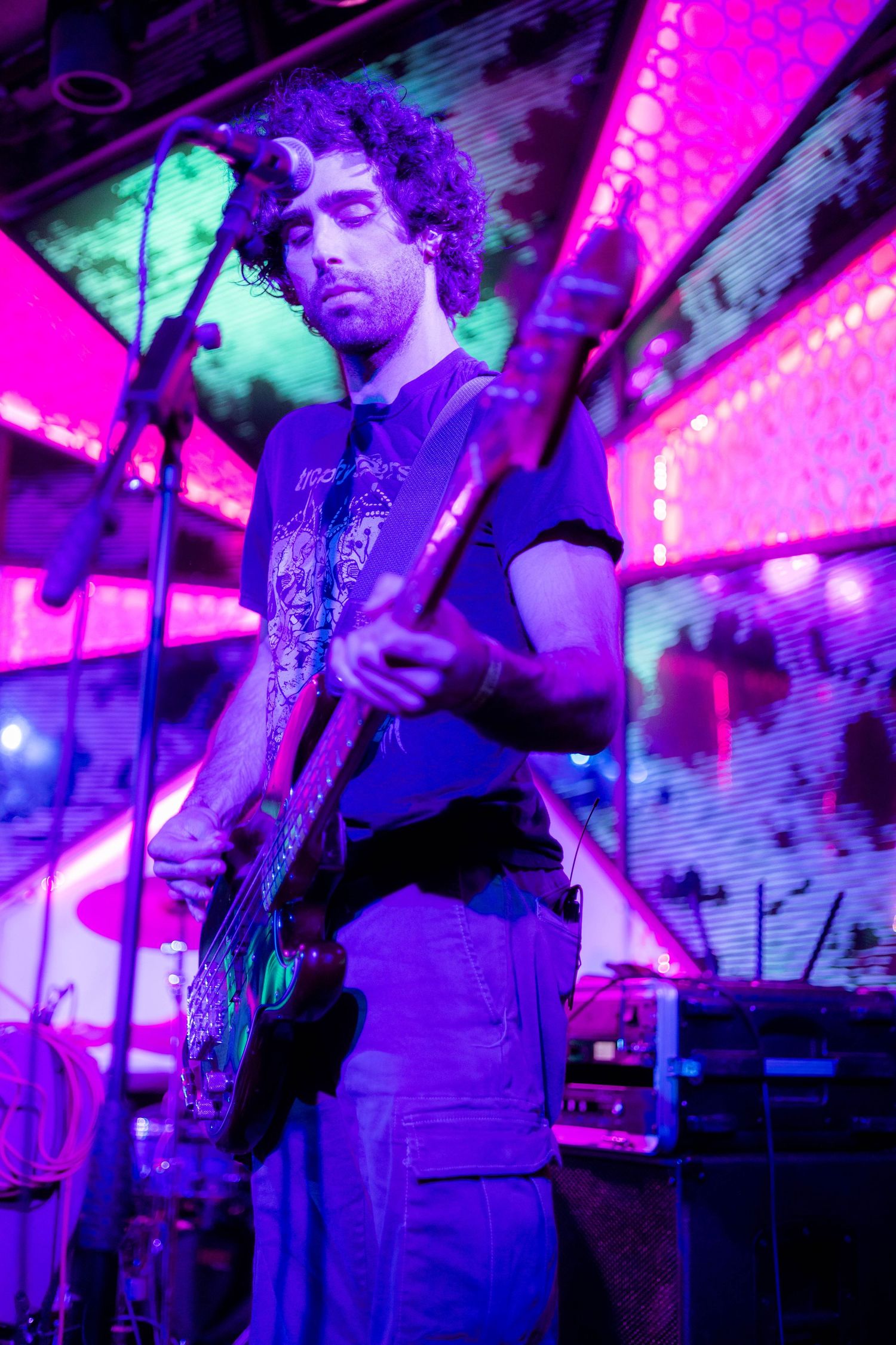 Performer plays guitar under dramatic purple and pink stage lighting during concert.