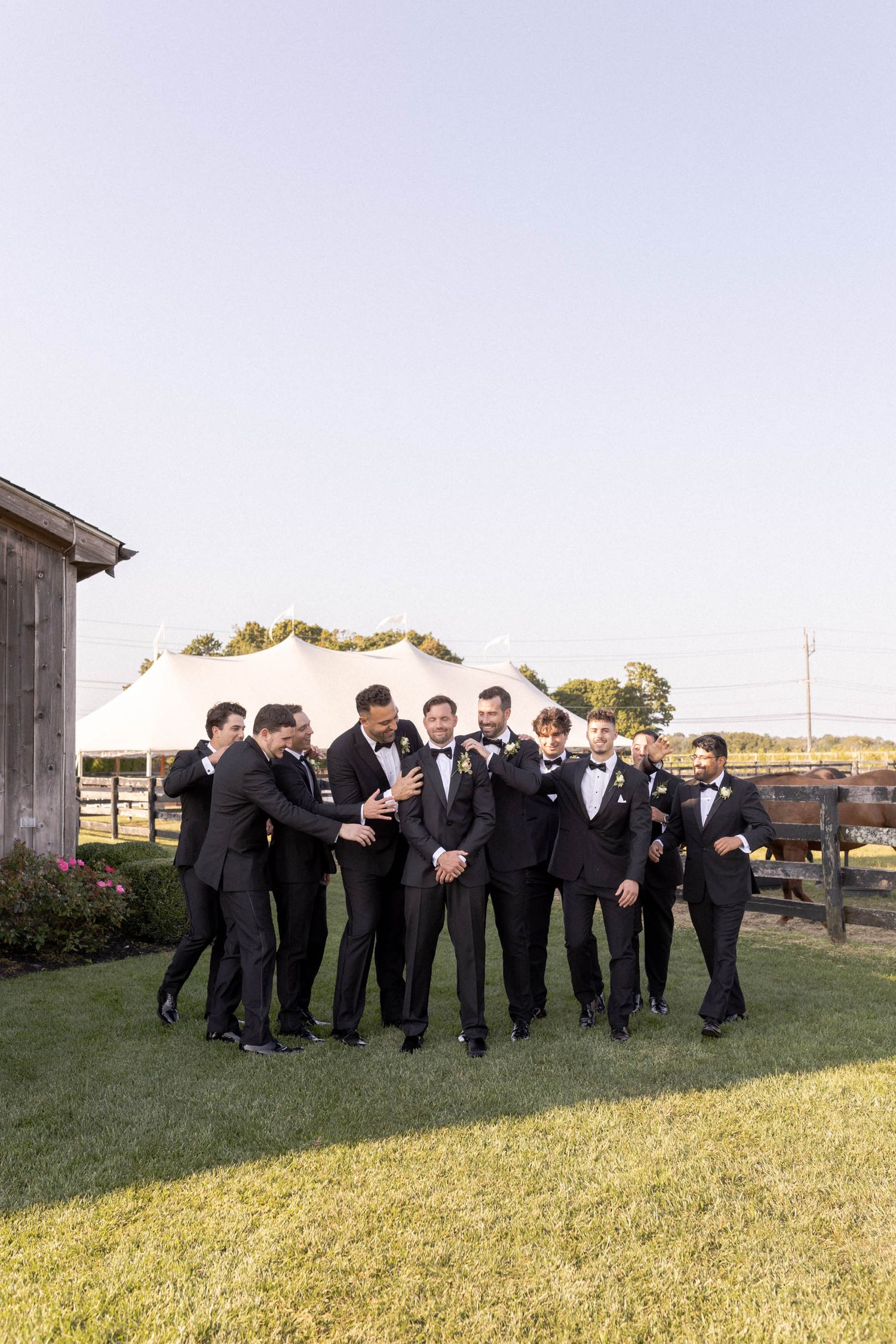 Groomsmen in black tuxedos pose playfully on grassy lawn outside rustic barn venue.