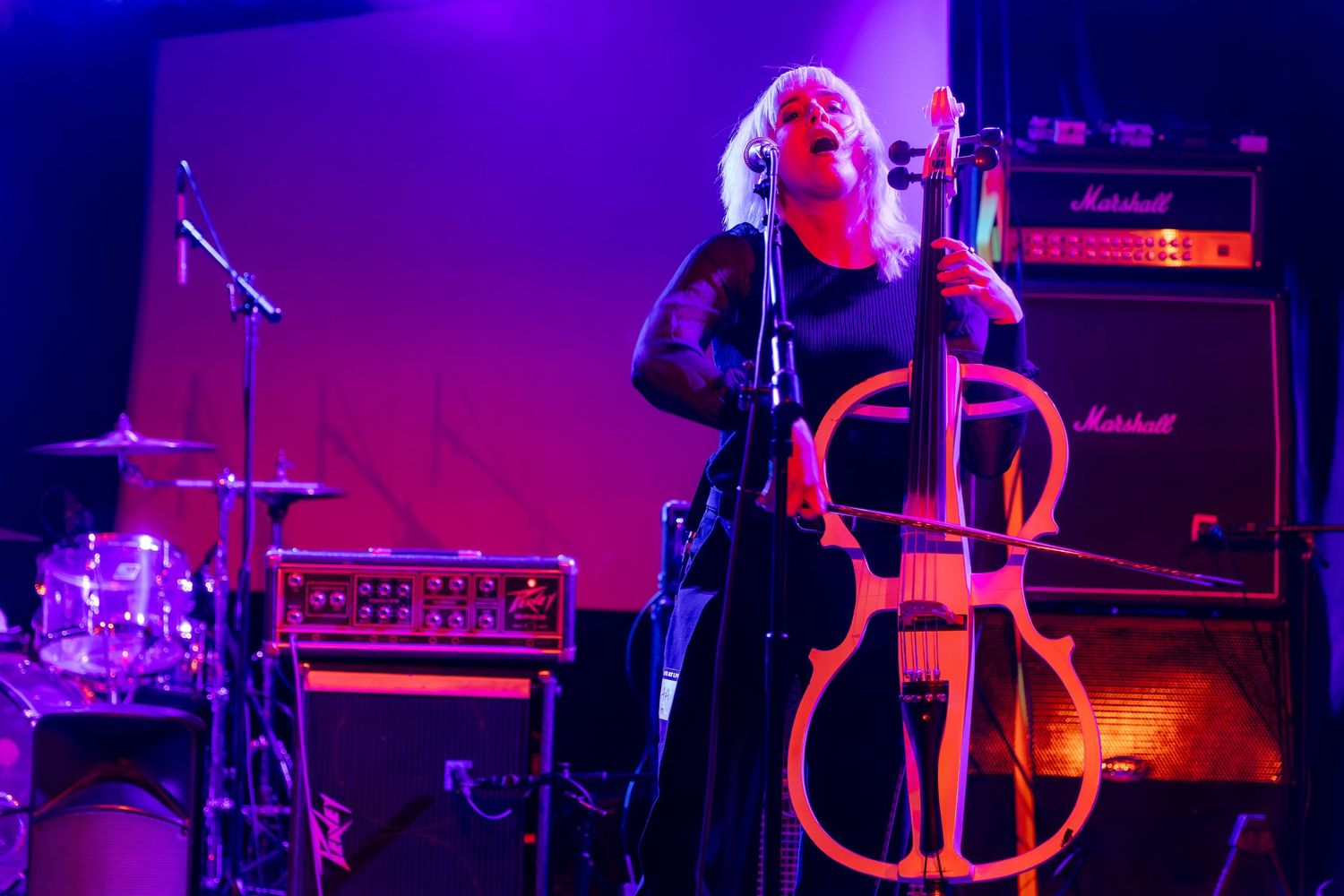 Musical equipment and instruments silhouetted against purple and red stage lighting.