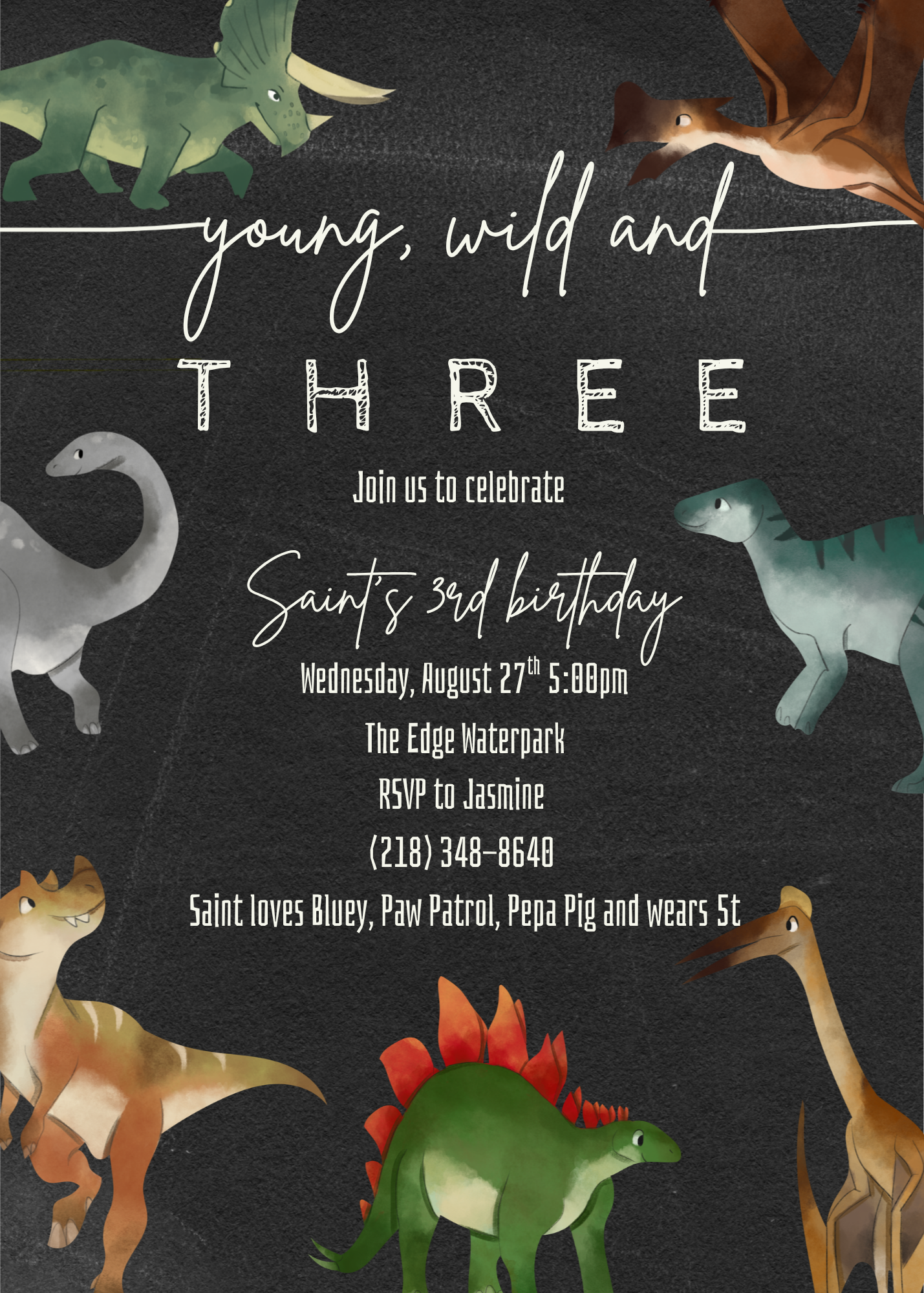 Dinosaur-themed 3rd birthday party invitation with colorful dinos on dark background for Saint's celebration at Edge Waterpark.
