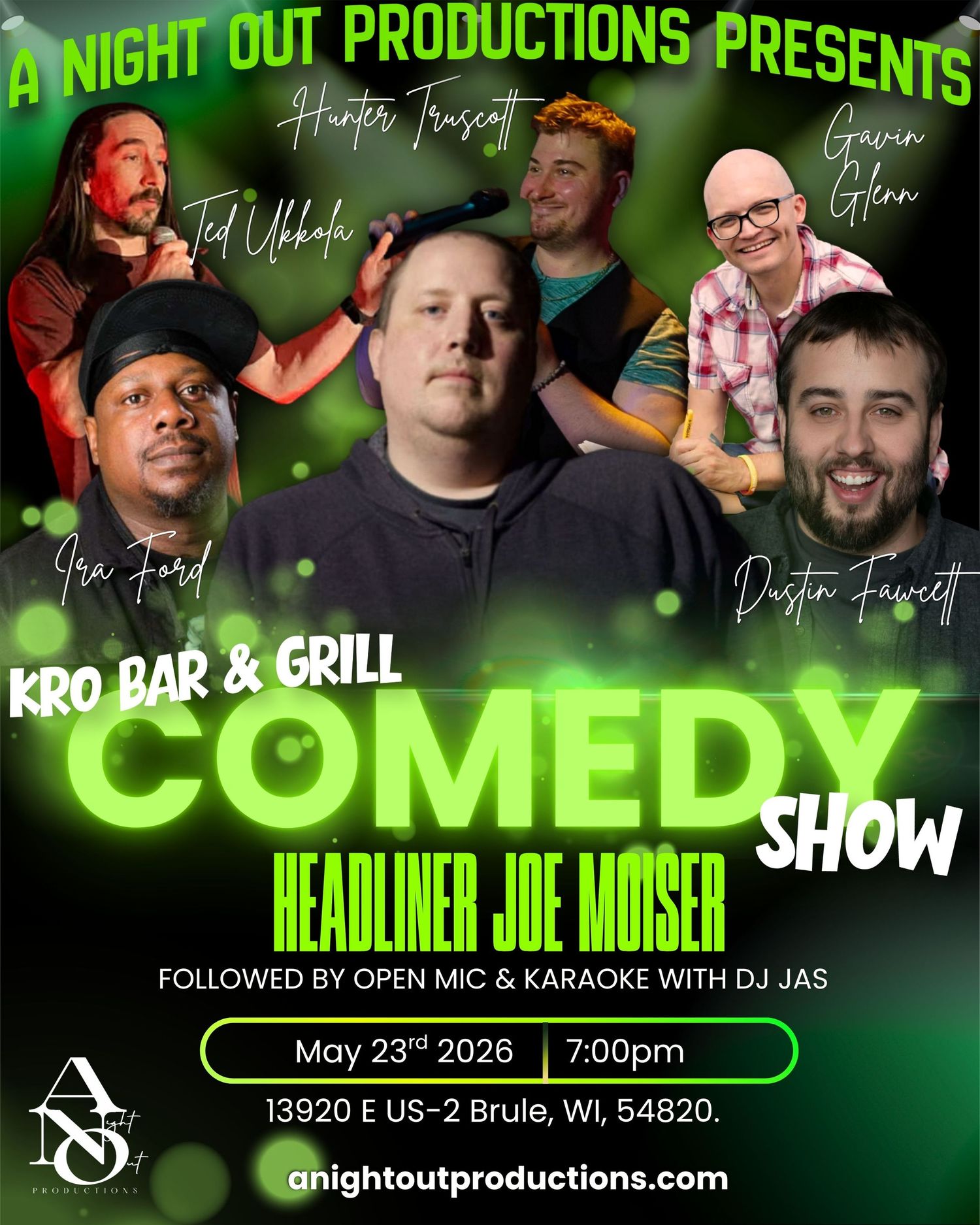 Comedy show flyer for Kro Bar and Grill featuring headliner Joe Moser on May 23rd 2026 in Brule WI.