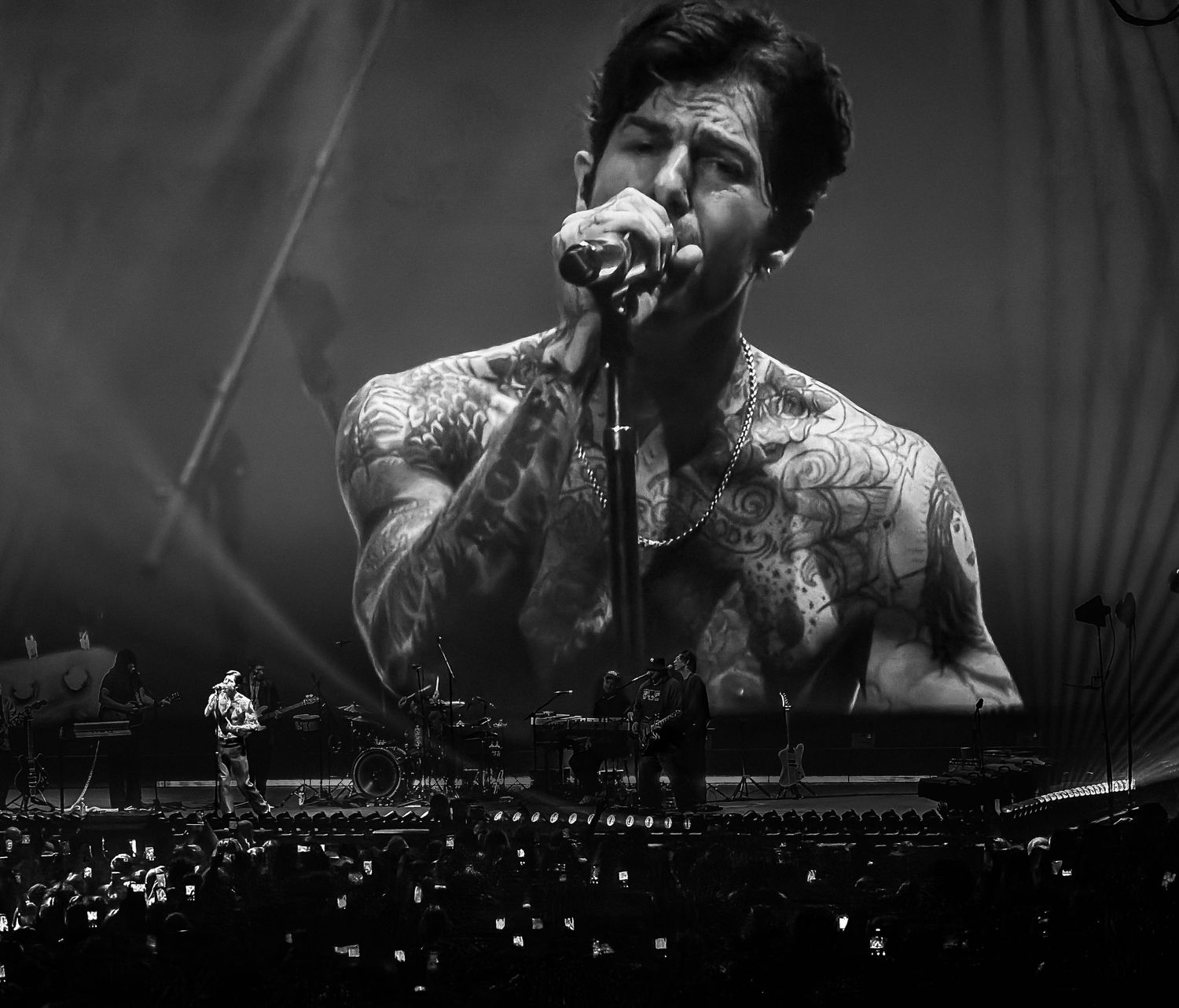 Black and white concert photo of tattooed male singer performing on stage before large crowd.