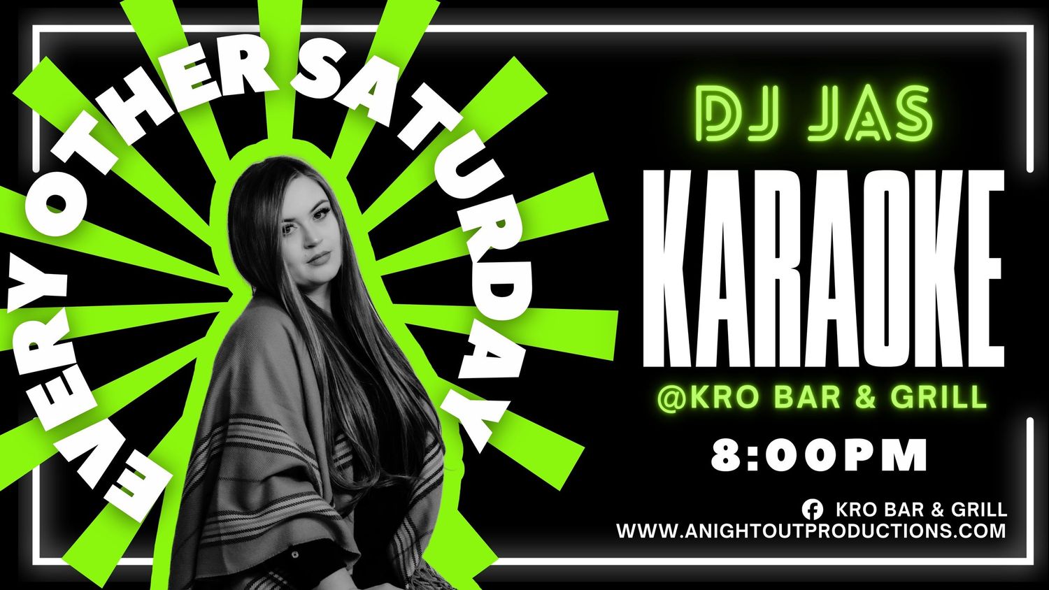 DJ Jas hosts karaoke every other Saturday at KRO Bar & Grill starting at 8PM, presented by A Night Out Productions.