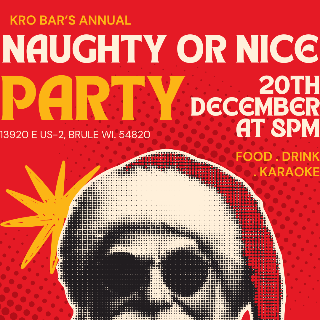 Kro Bar's Naughty or Nice Christmas party flyer, December 20th at 8PM, featuring Santa in sunglasses, karaoke, food and drinks.