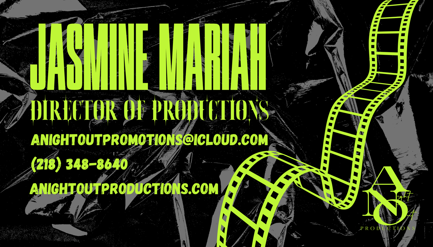 Business card for Jasmine Mariah, Director of Productions at A Night Out Promotions, featuring film reel graphic.