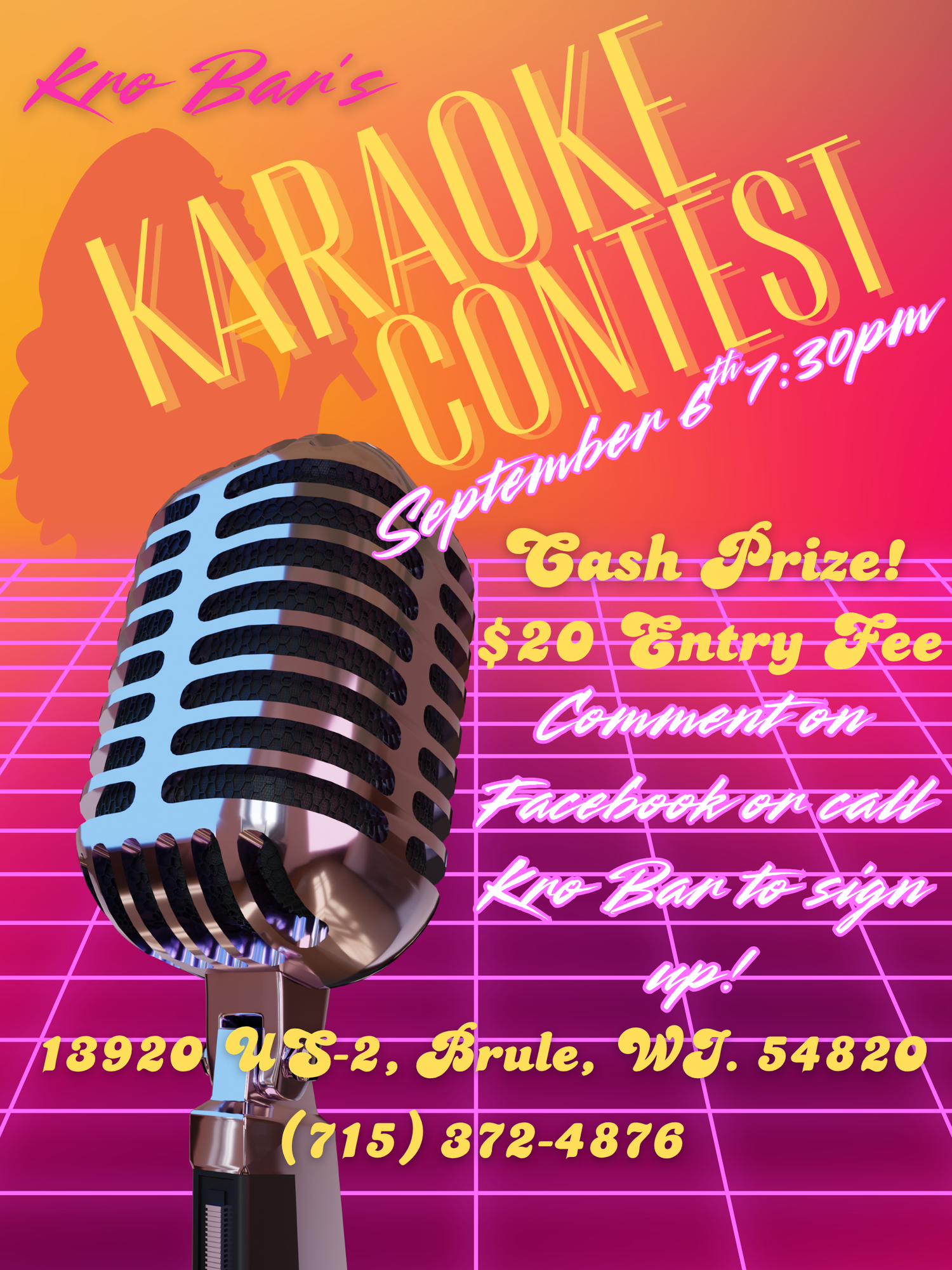 Kro Bar karaoke contest flyer for September 8th at 7:30pm with $20 entry fee and cash prize in Brule, WI.