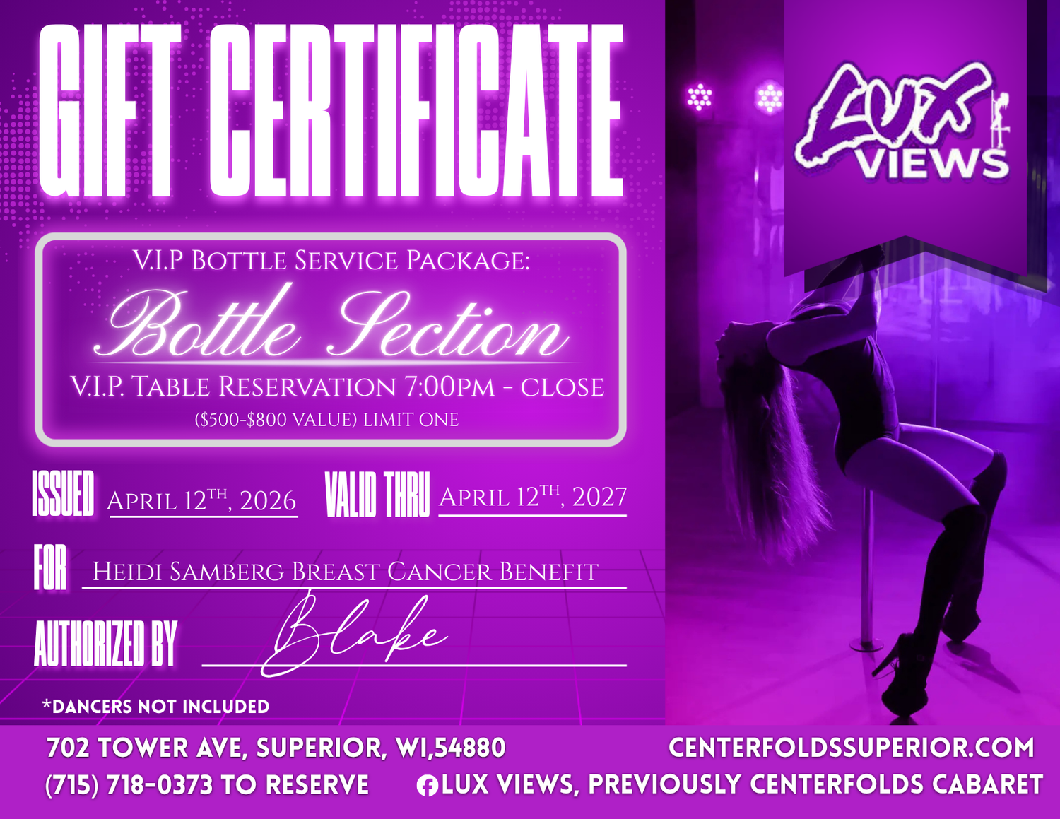 Pink and purple gift certificate for VIP bottle service at Lux Views cabaret in Superior, WI, valid April 2026-2027.