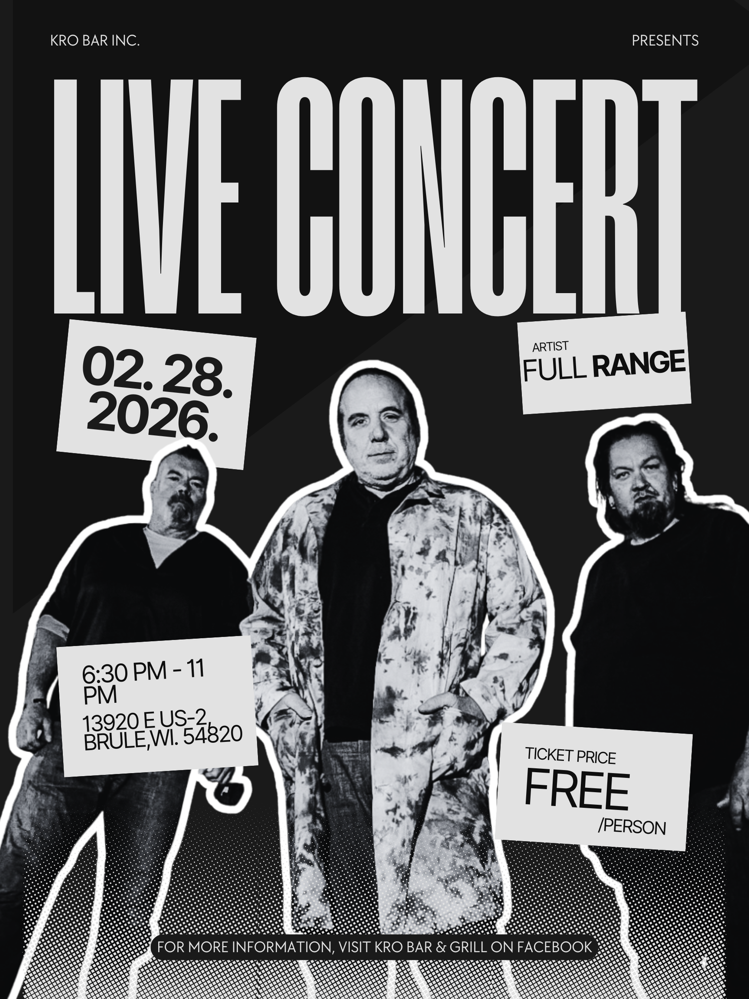 Black and white concert poster for Full Range live show on Feb 28 2026 at KRO Bar Brule WI, free admission.