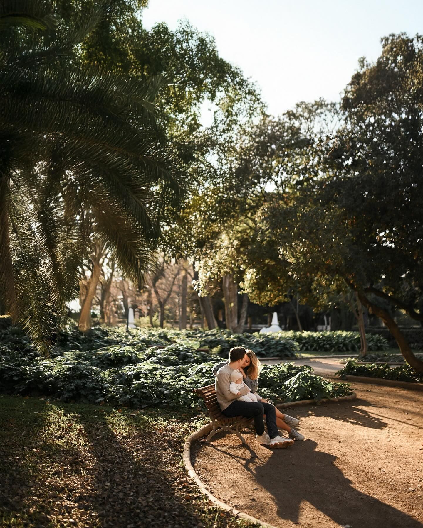 Wide shot of a mother and father sitting on a wooden bench under large palm trees, holding their baby during a photoshoot in Valencia.
