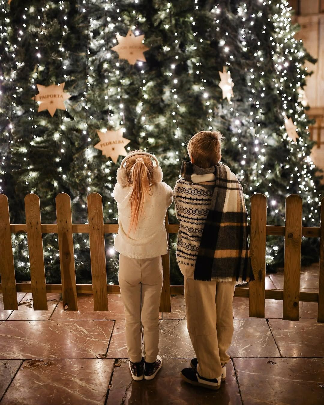 Brother and sister in warm winter clothes looking at a massive Christmas tree decorated with stars in a Valencia square