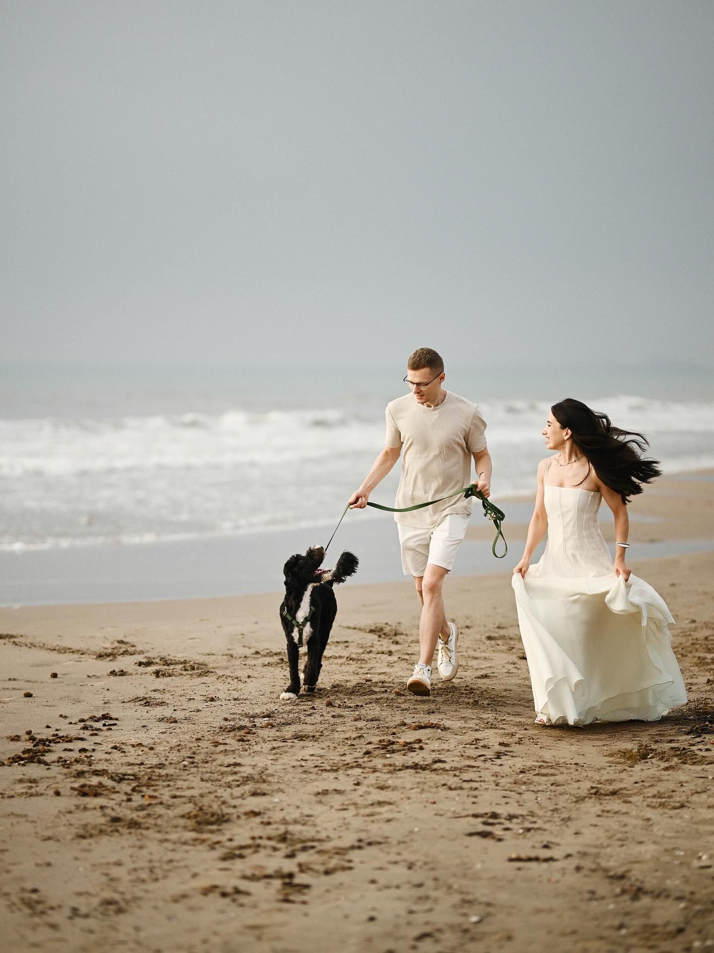 A romantic couple in white clothes laughing and walking their dog on a sandy beach by the crashing waves.