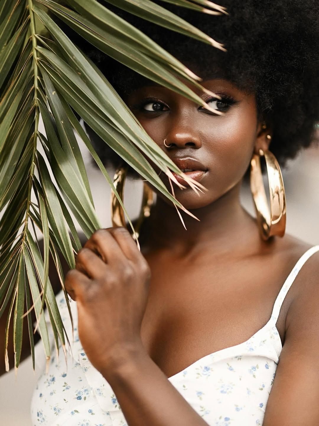 A beautiful model with an afro looking through green palm leaves during a tropical lifestyle portrait session in Alicante.
