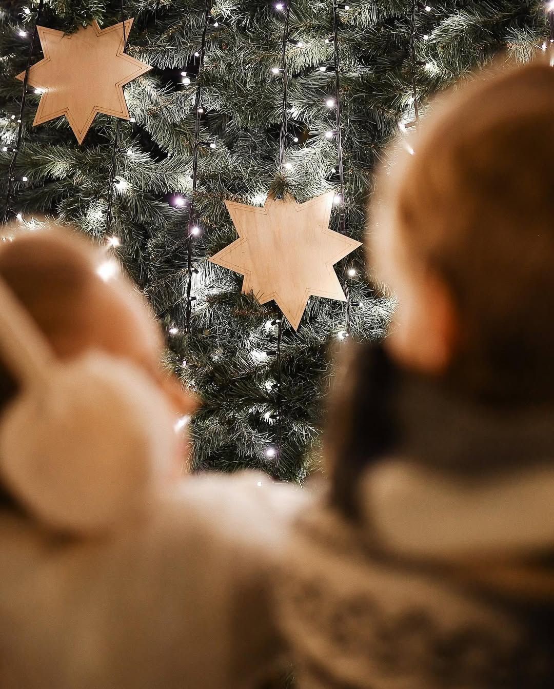 Over-the-shoulder view of two children admiring wooden star ornaments on a beautifully lit Christmas tree in Valencia