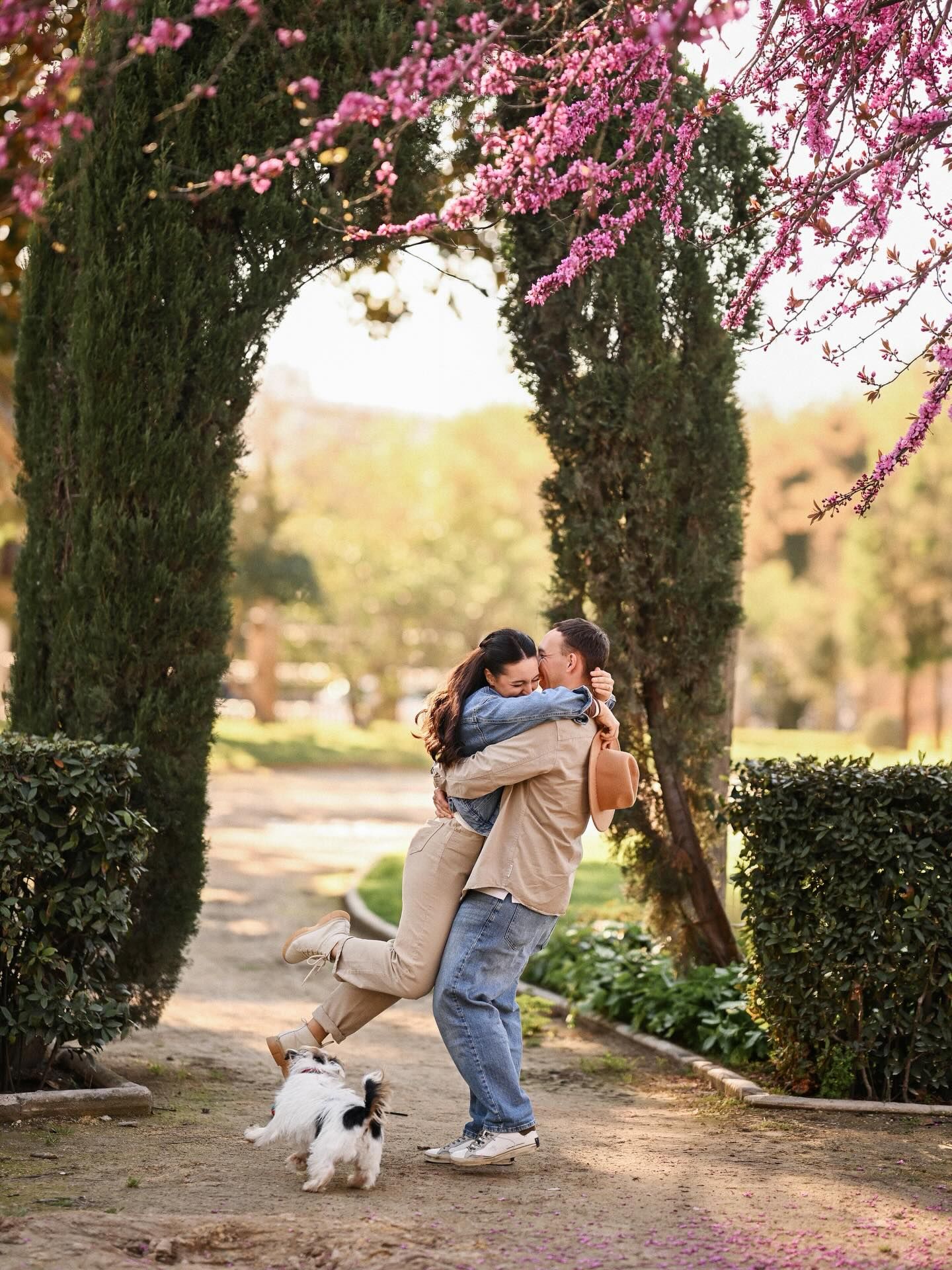 An emotional moment as a man lifts and hugs his laughing partner near green cypress trees and pink blossoms during a park photo session.