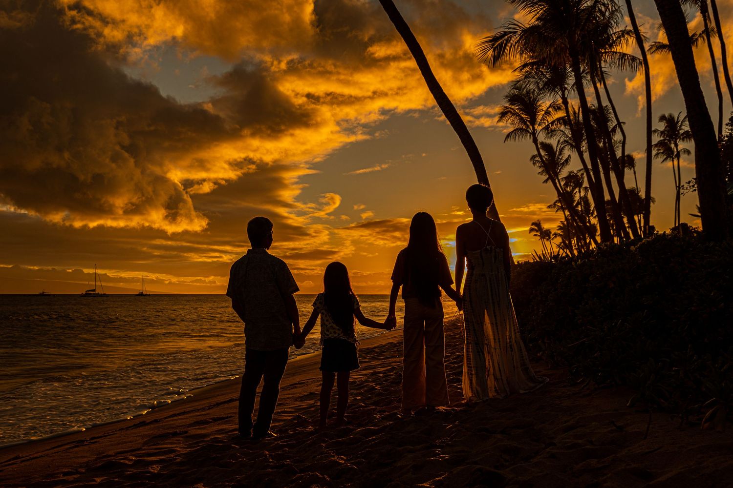 Silhouettes of people walking on beach at dramatic orange sunset with palm trees.