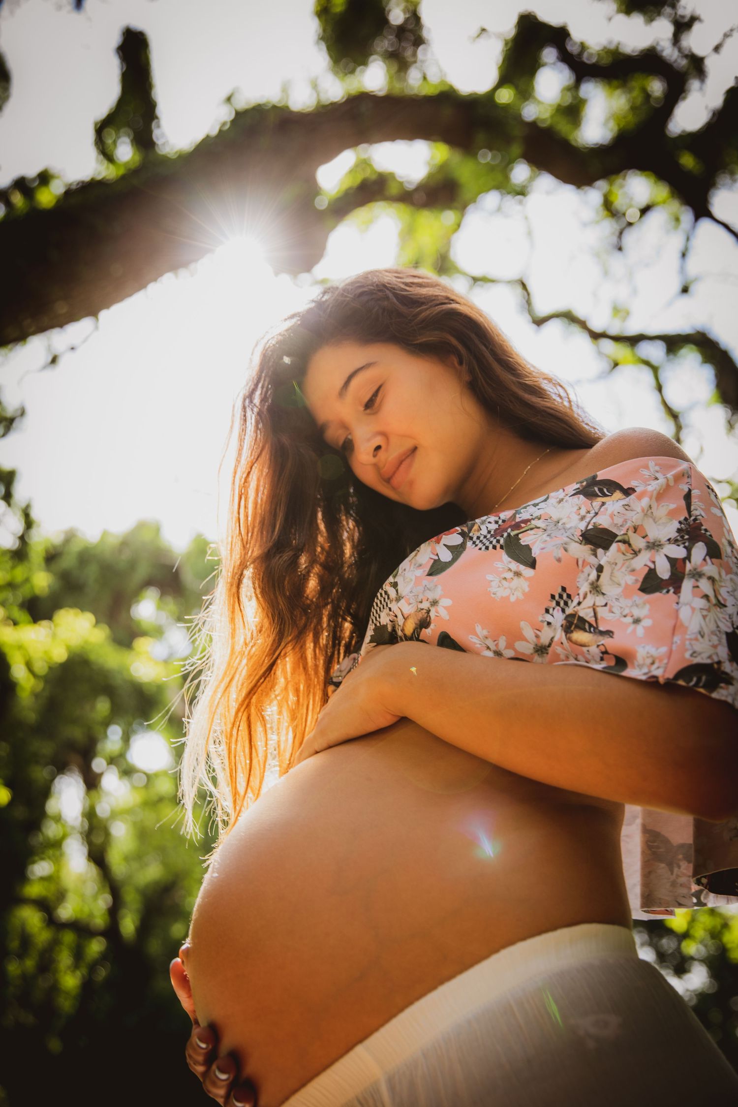 Artistic maternity photography with sunlight streaming through trees creating a dreamy backlit effect.