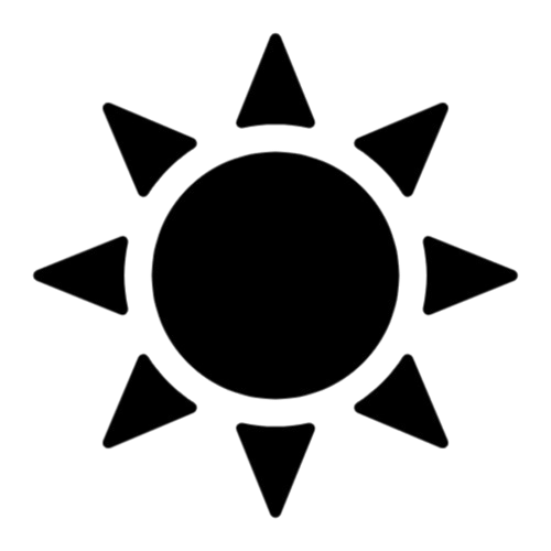Simple black and white icon of a sun with triangular rays radiating outward in a geometric design.