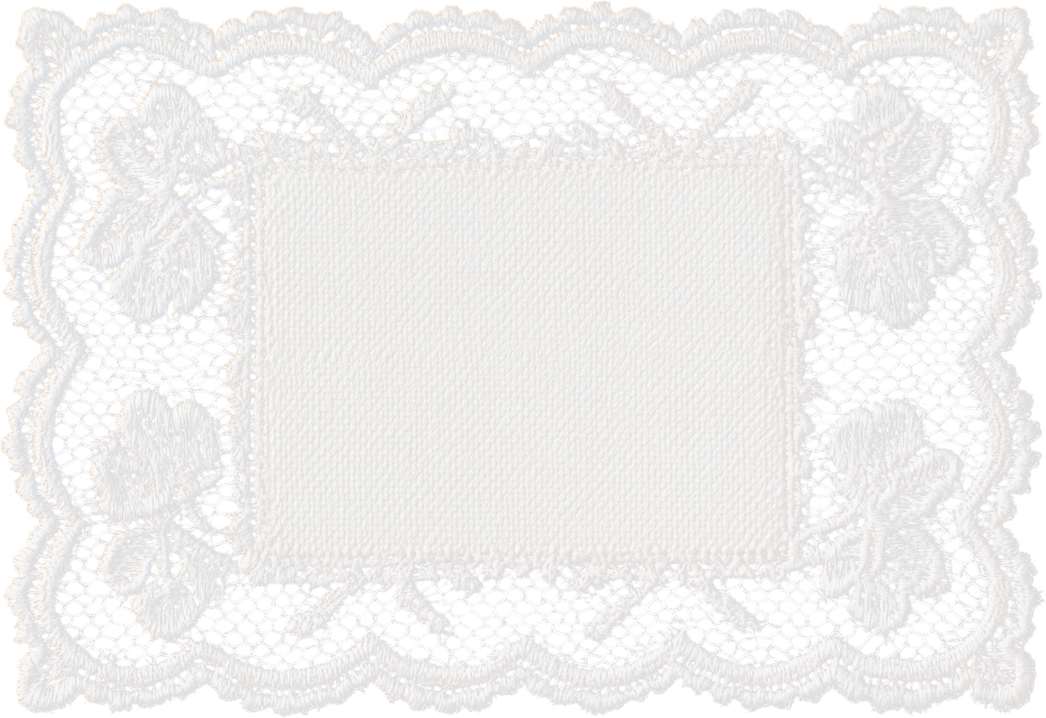 White rectangular lace doily placemat with floral embroidery and scalloped edges on white background.