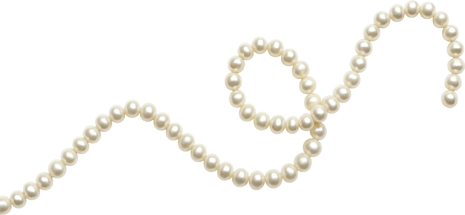 Elegant strand of lustrous white pearl necklace arranged in a graceful S-curve on white background.