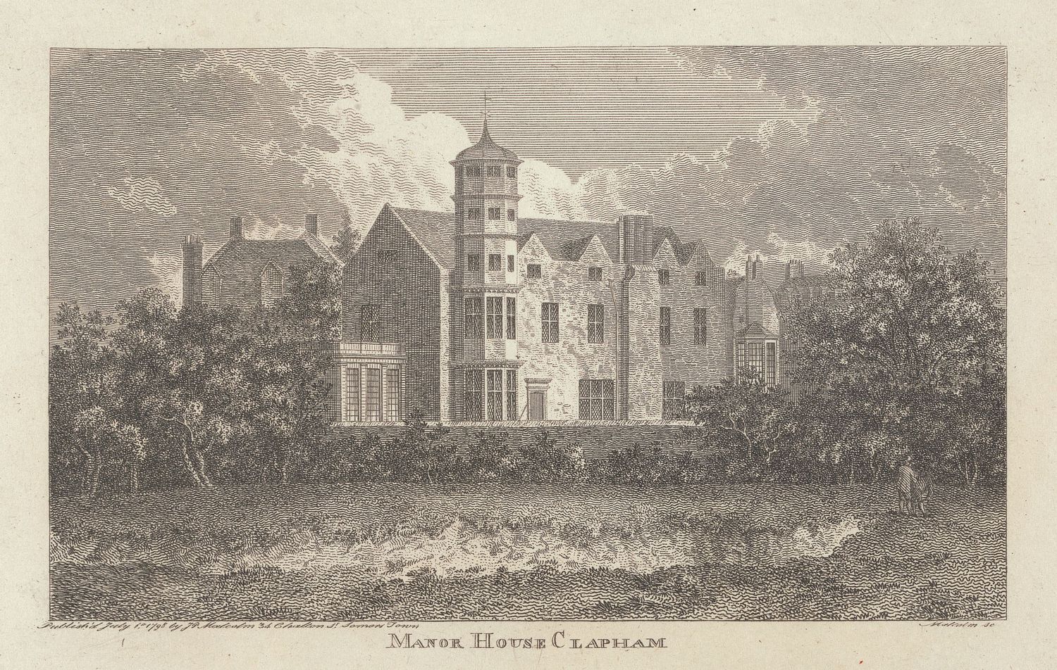 Historic engraving of Manor House, Clapham, showing a grand multi-story building surrounded by trees.