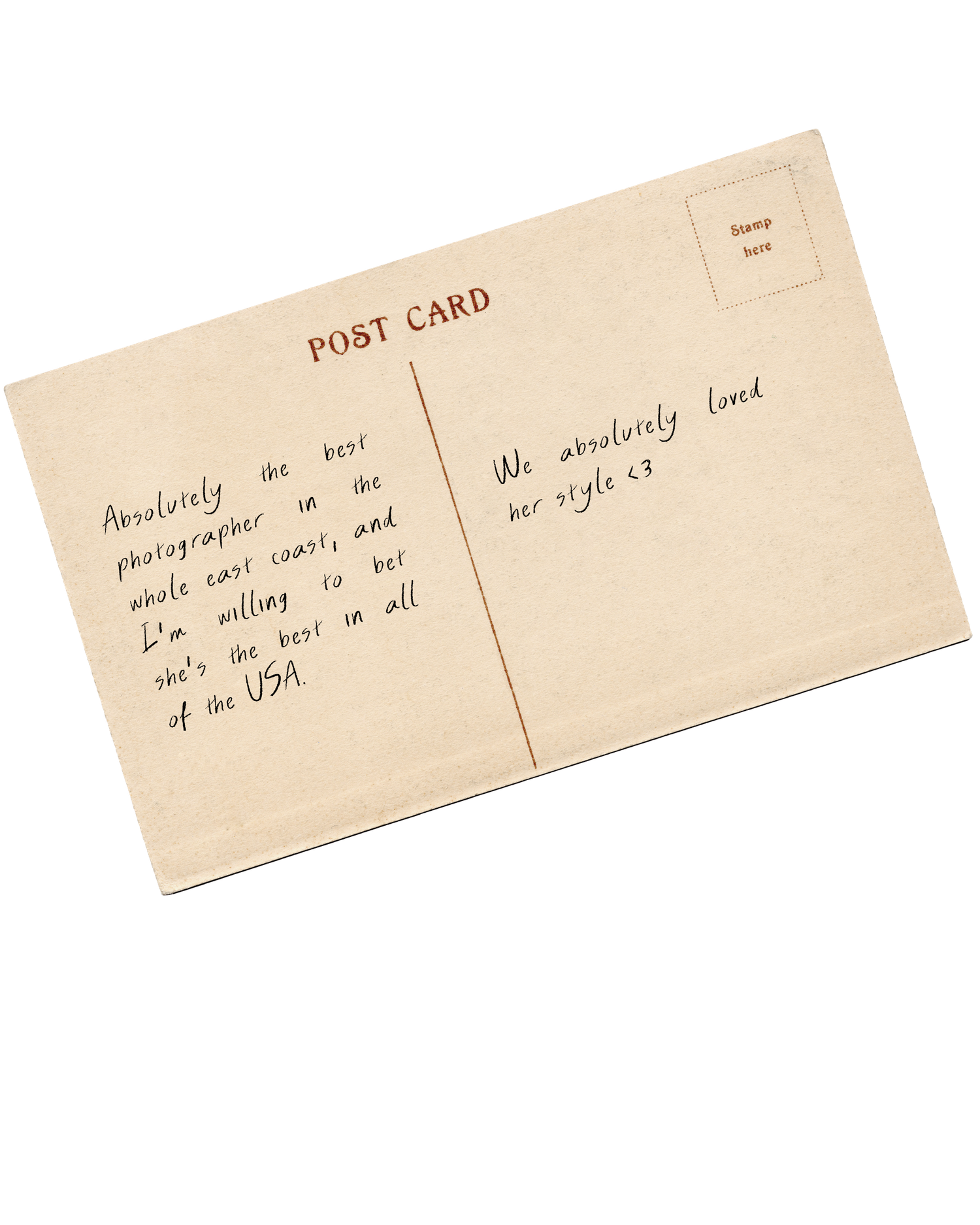 Vintage postcard with handwritten message praising a photographer as the best on the east coast and in the USA.