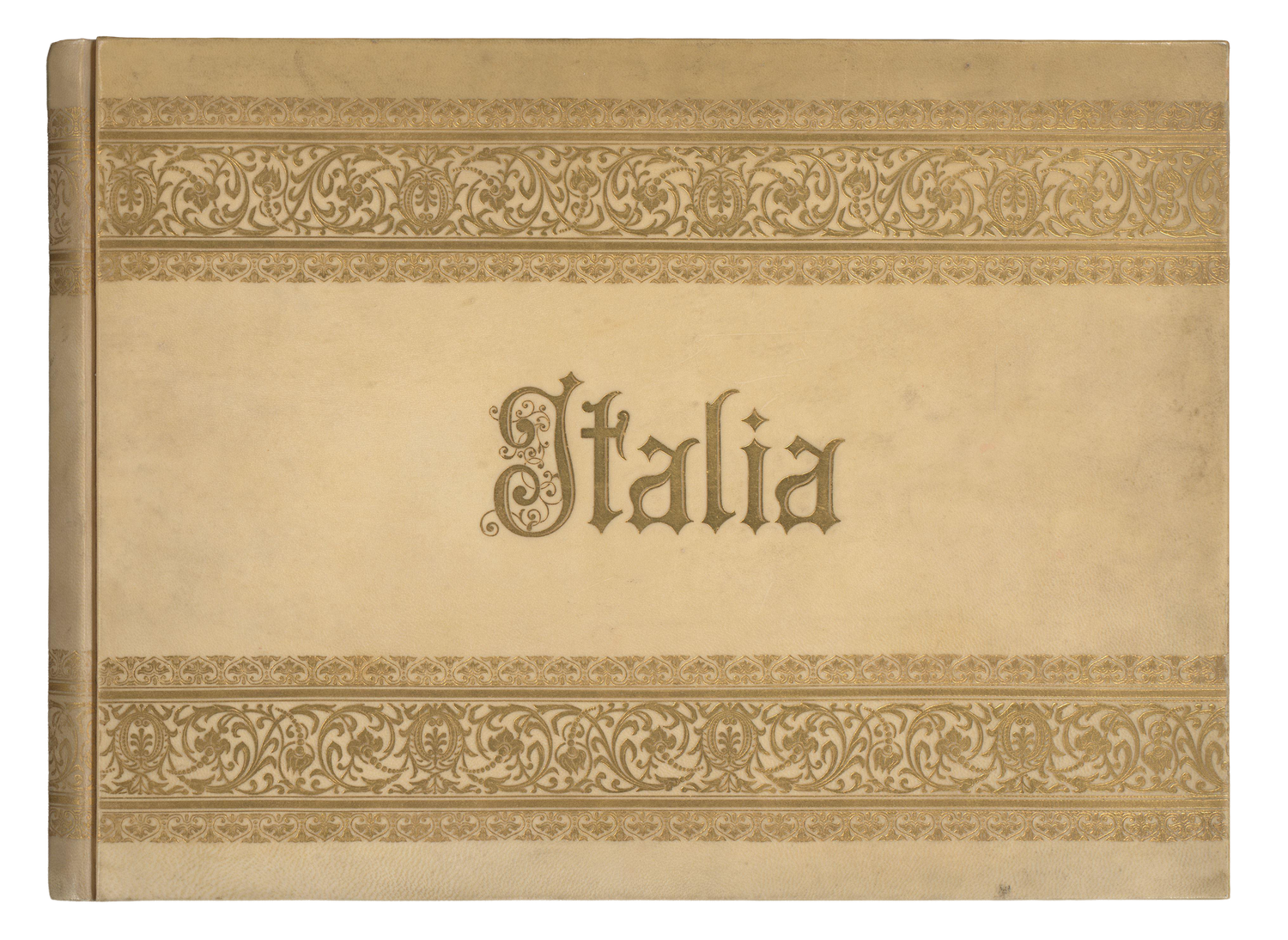Antique Italia book cover with ornate gold decorative borders and elegant gothic typography on aged beige background.