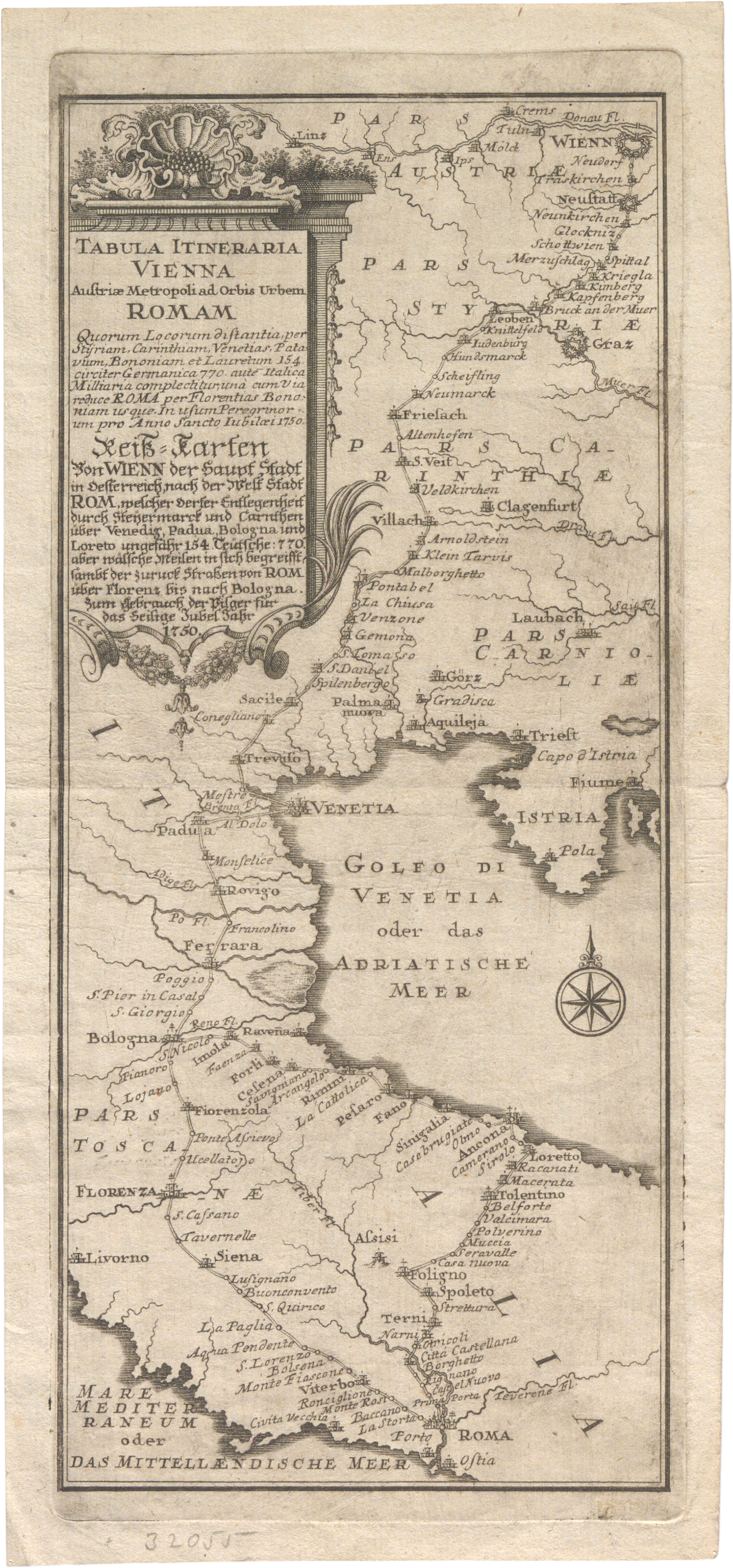 18th-century Italian road map showing route from Vienna to Rome through Venice and the Adriatic coast.