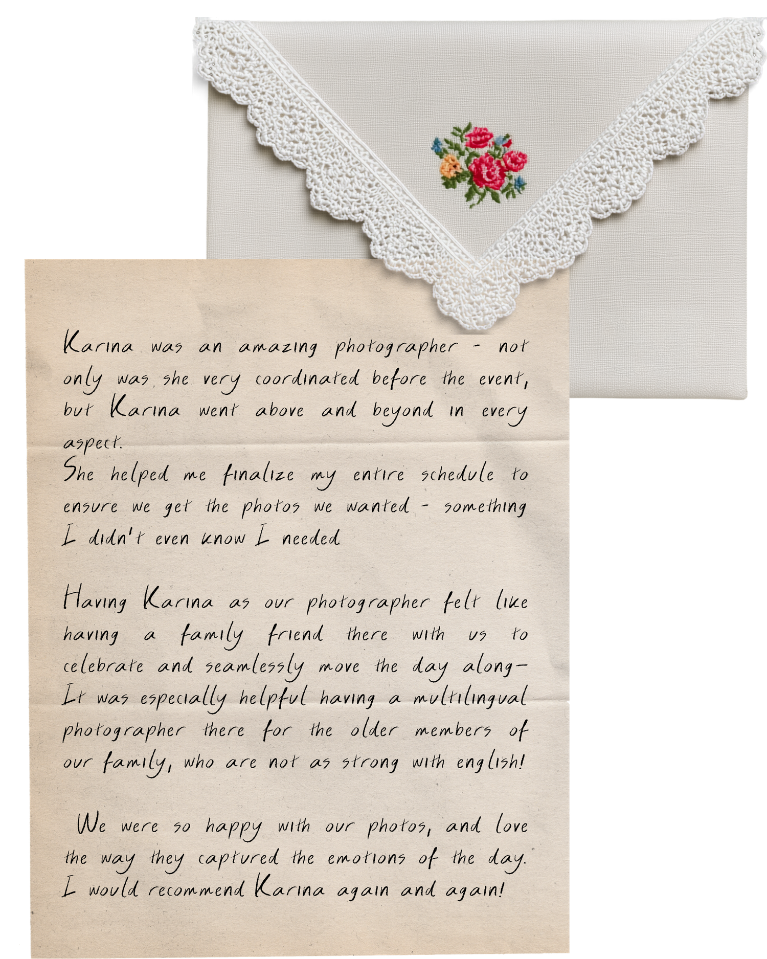 Handwritten wedding photographer review letter beside a lace-trimmed envelope with embroidered floral detail.
