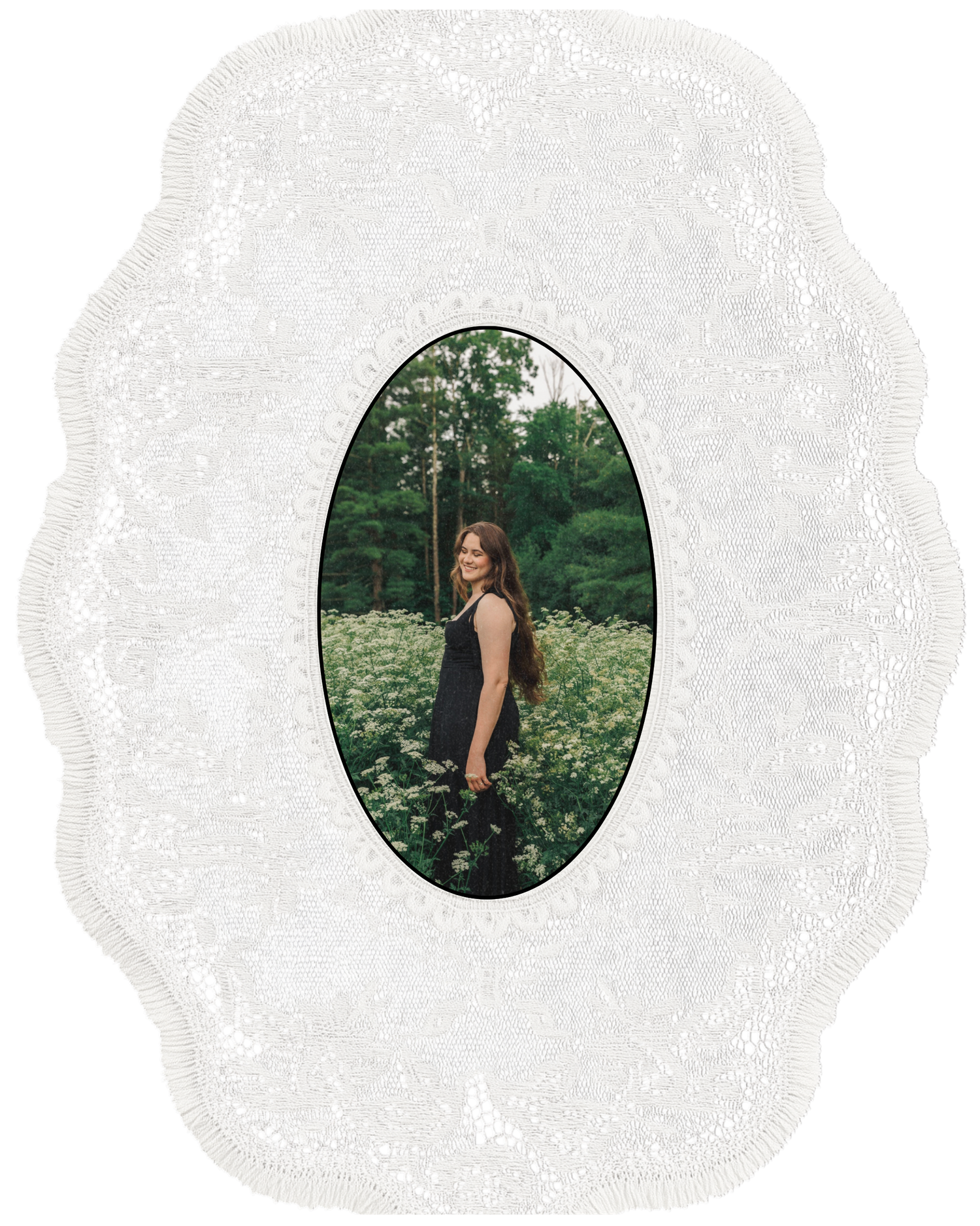 Young woman in a dark dress standing in a wildflower field, framed in an elegant oval white lace border.