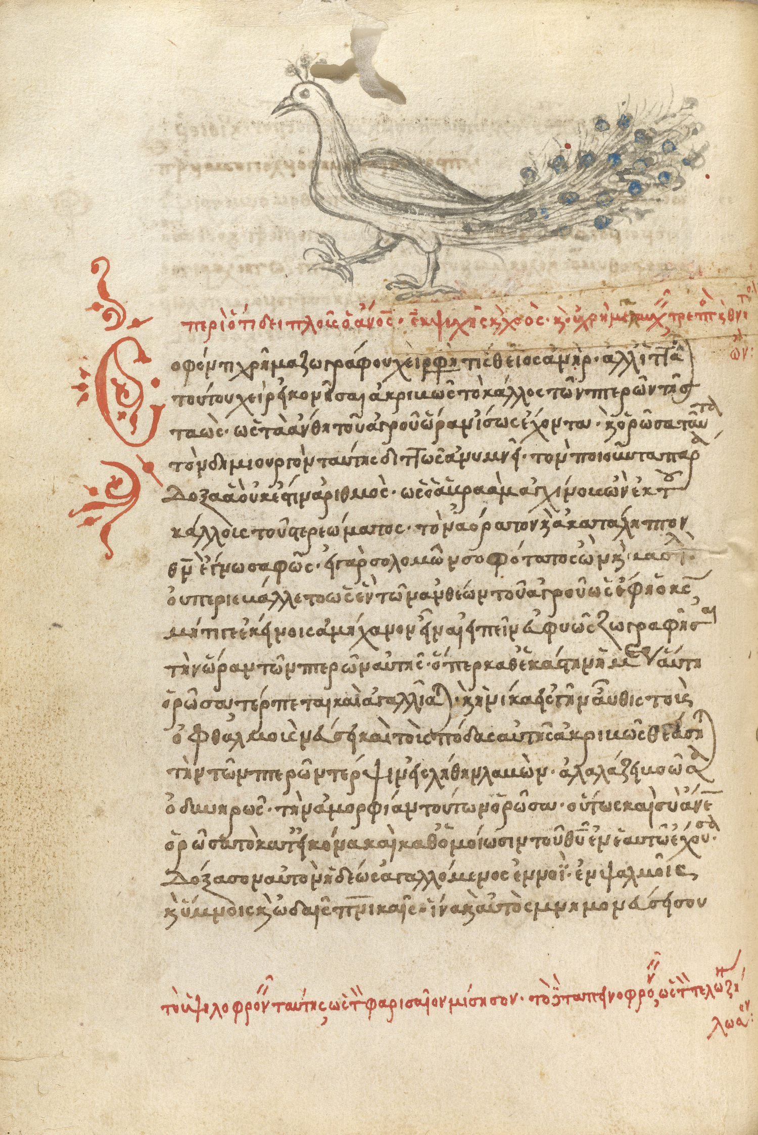 Ancient Greek illuminated manuscript page featuring a peacock illustration with Byzantine text and red decorative initials.