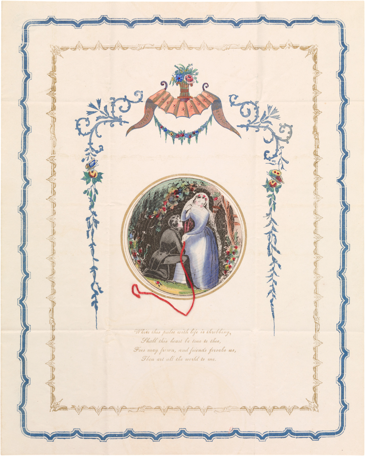 Antique Victorian valentine card with floral border, circular vignette of woman in blue dress in garden setting.