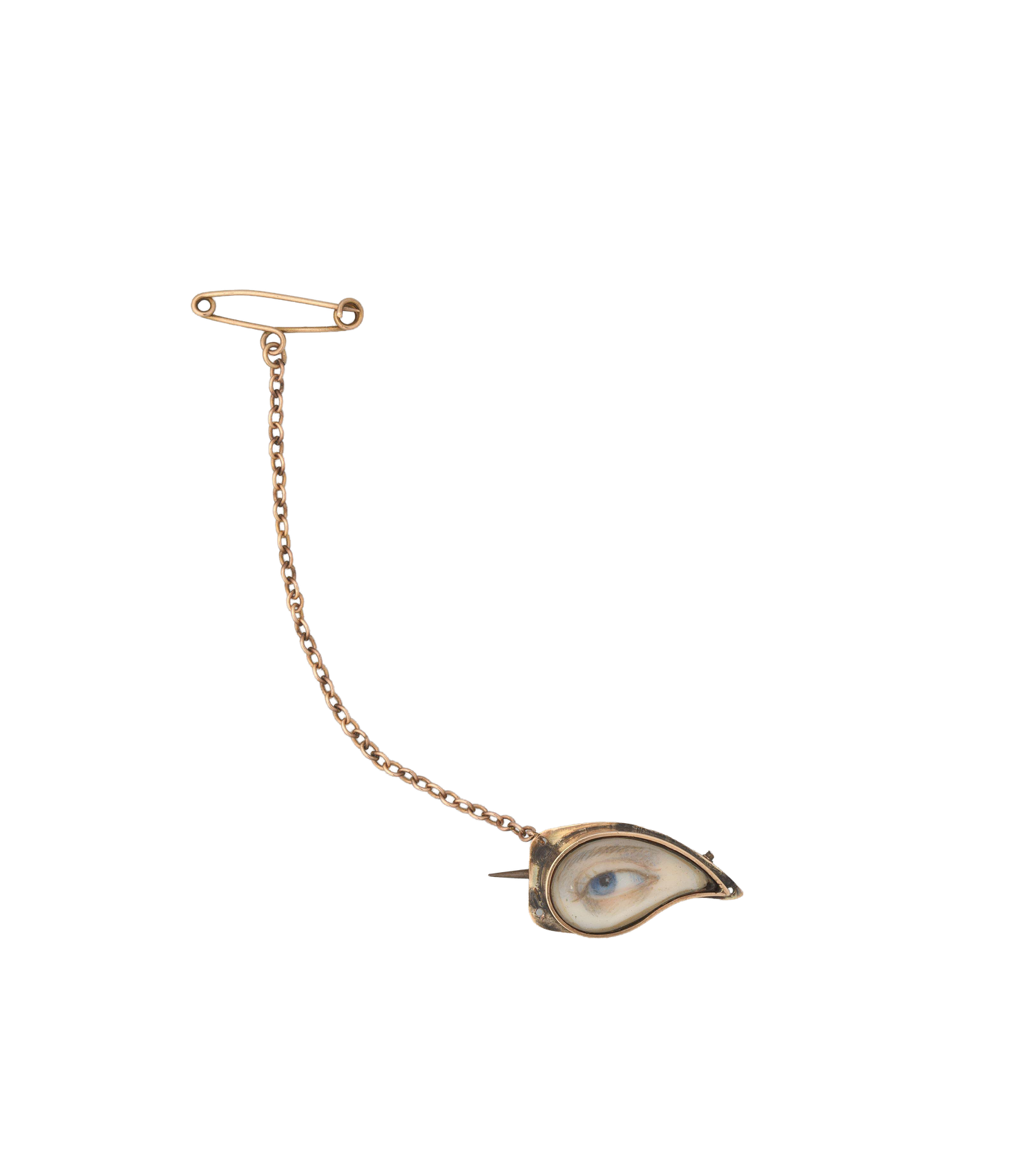 Gold safety pin brooch with chain and antique eye miniature pendant, Victorian mourning jewelry piece.