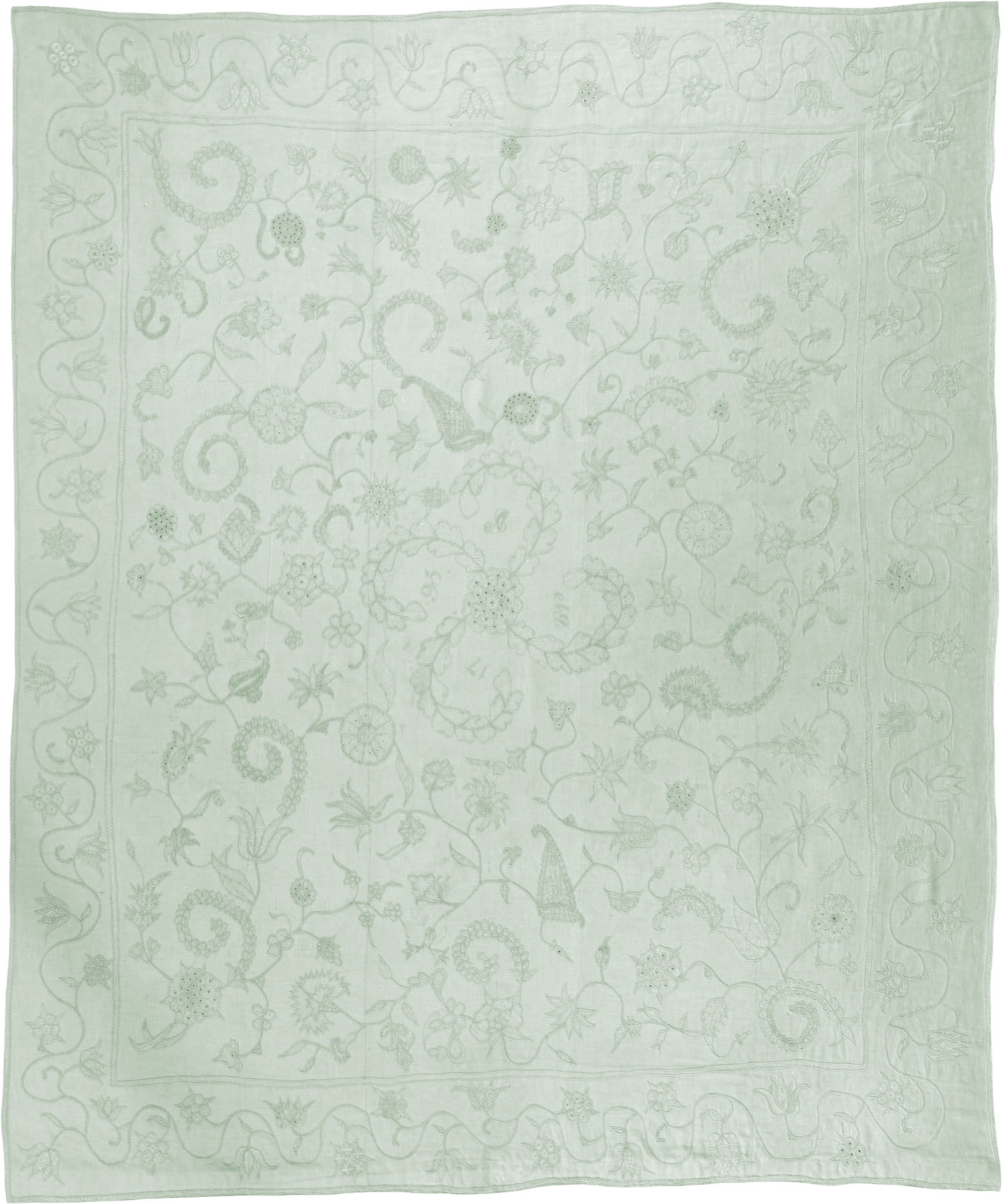 Elegant light green floral rug with intricate scrolling vine and flower patterns in a soft sage tone.