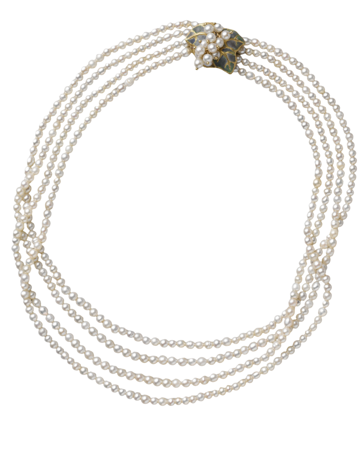 Four-strand white pearl necklace with ornate gold and pearl cluster clasp, elegant vintage jewelry piece.