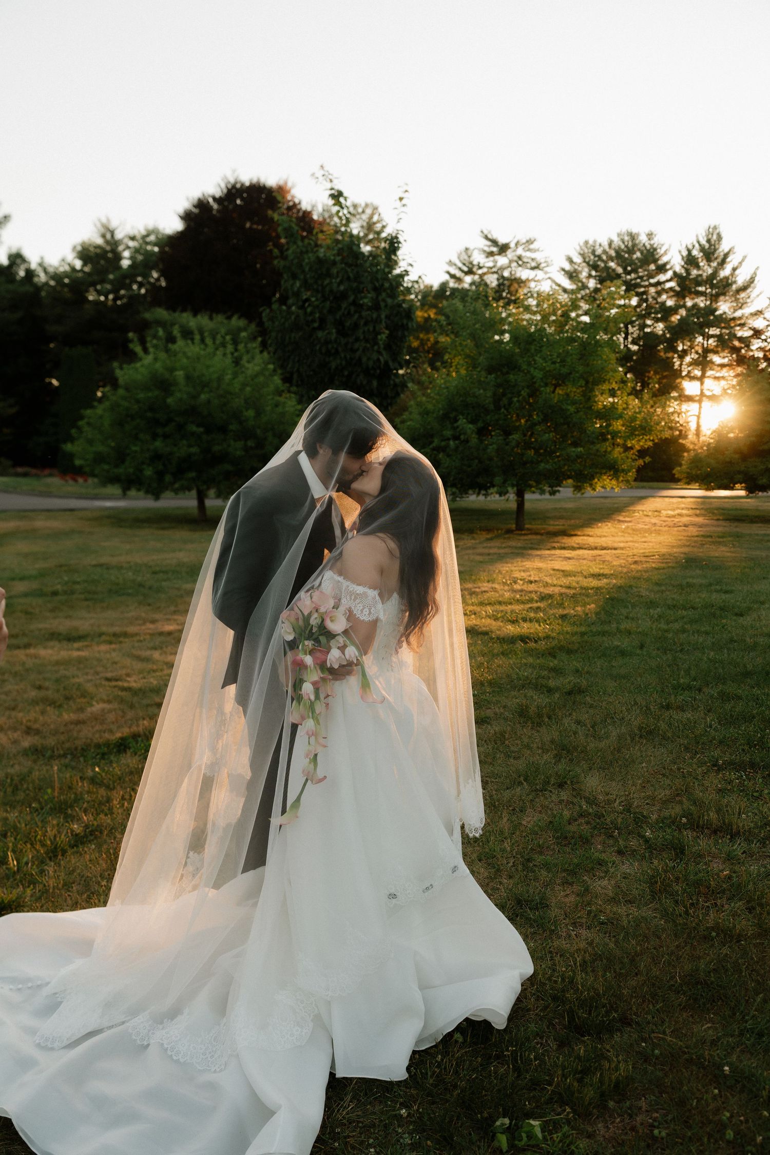 Bride and groom kissing under veil at golden sunset in lush green park.