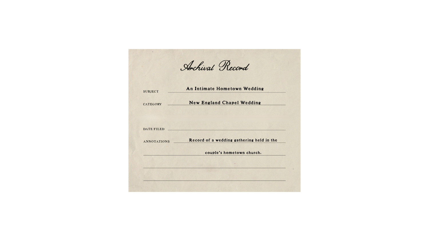 Vintage archive record card for a New England choral wedding event with elegant script typography.
