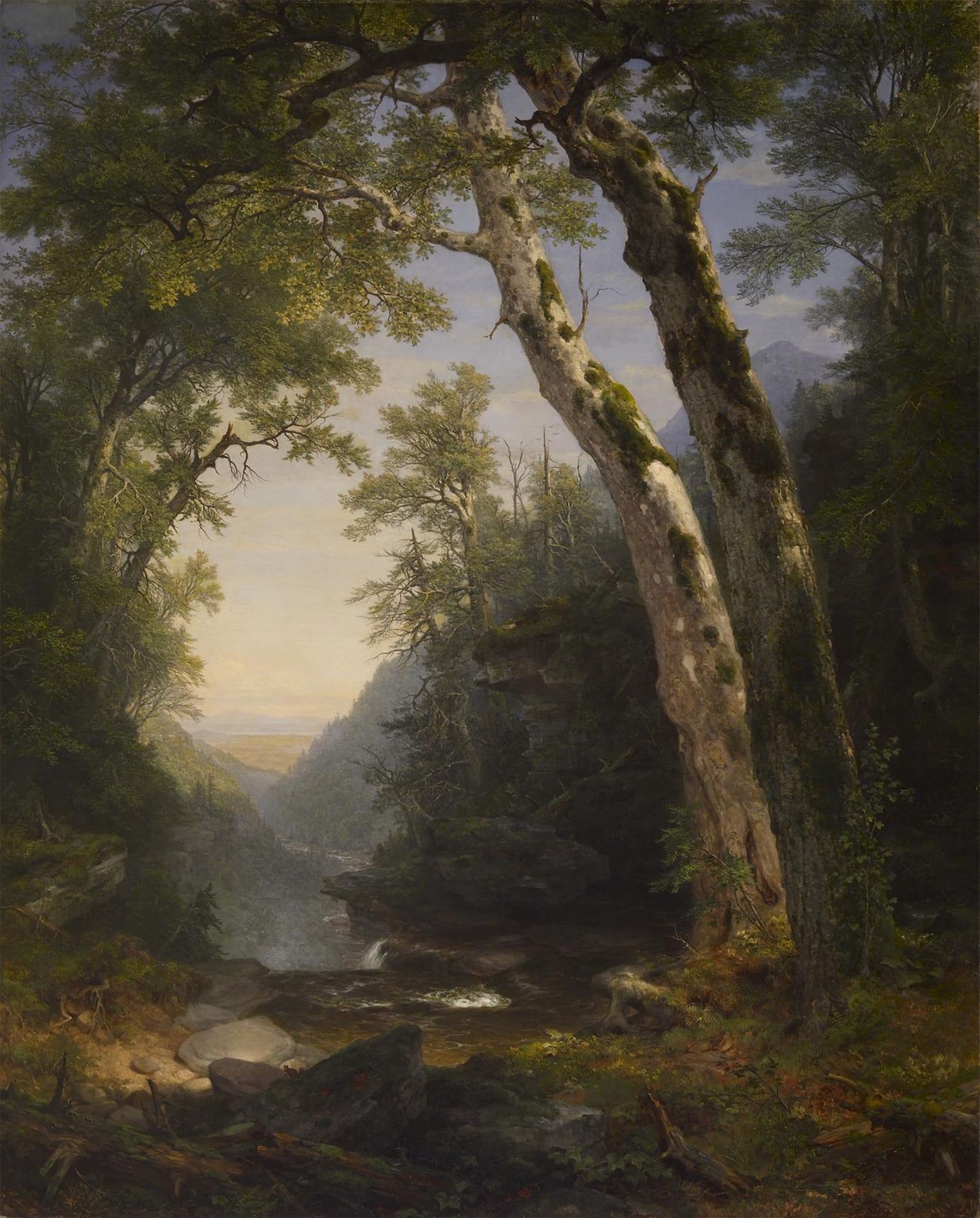Hudson River School oil painting of a sunlit forest glen with a stream, towering trees, and distant valley landscape.