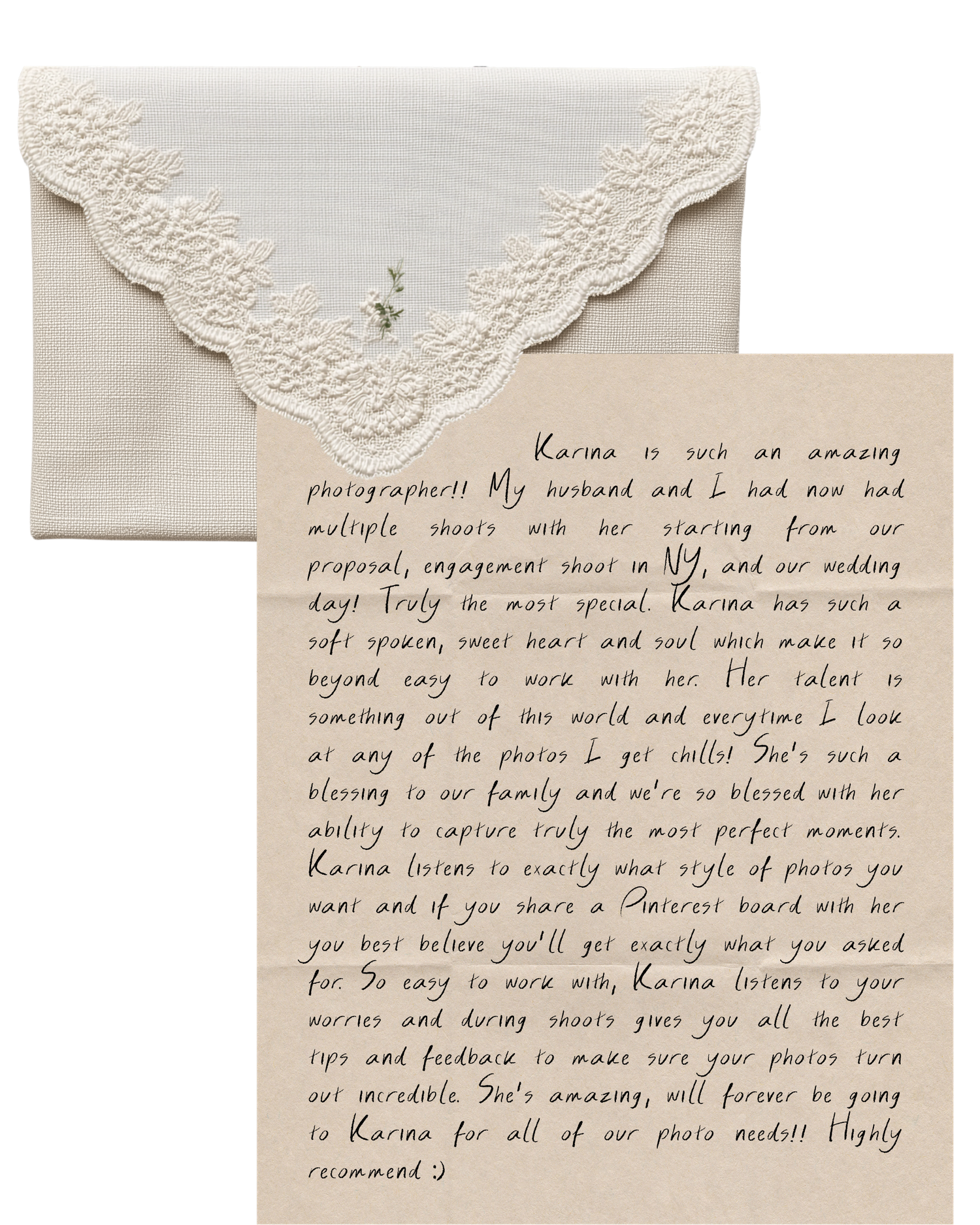 Handwritten testimonial letter praising photographer Karina, displayed beside a lace-trimmed envelope on white background.