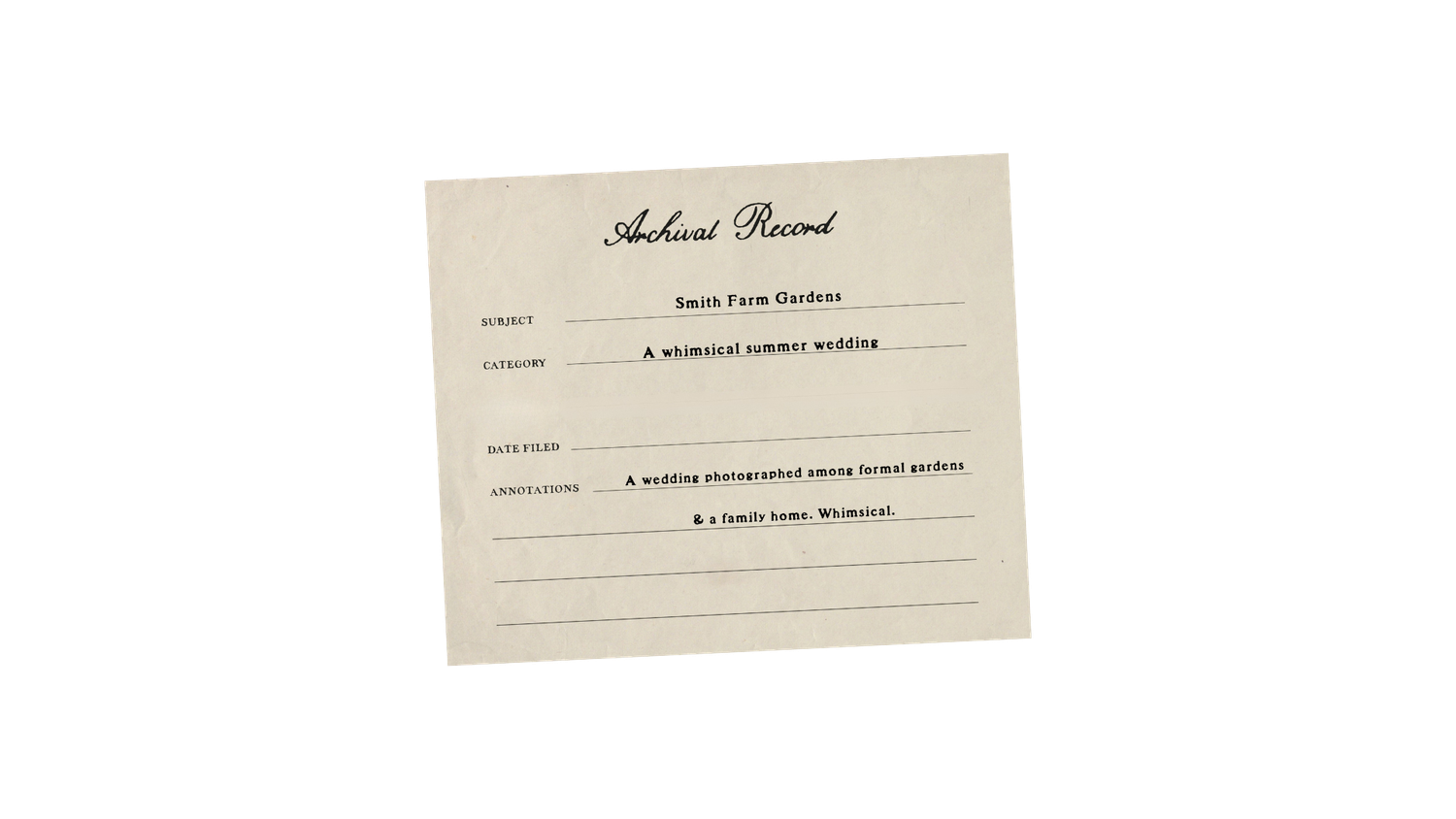 Vintage archival record card with handwritten text fields on aged cream paper background.