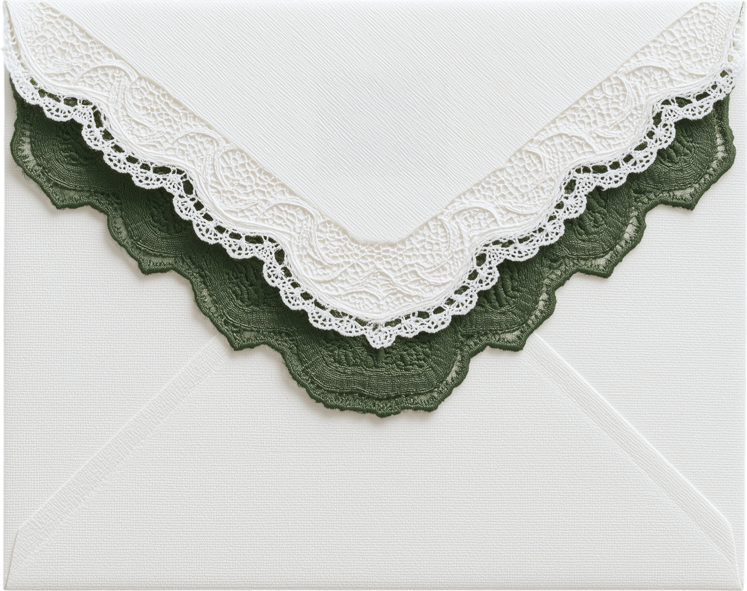 White envelope with elegant white and green lace trim forming a decorative V-shape on the front flap.
