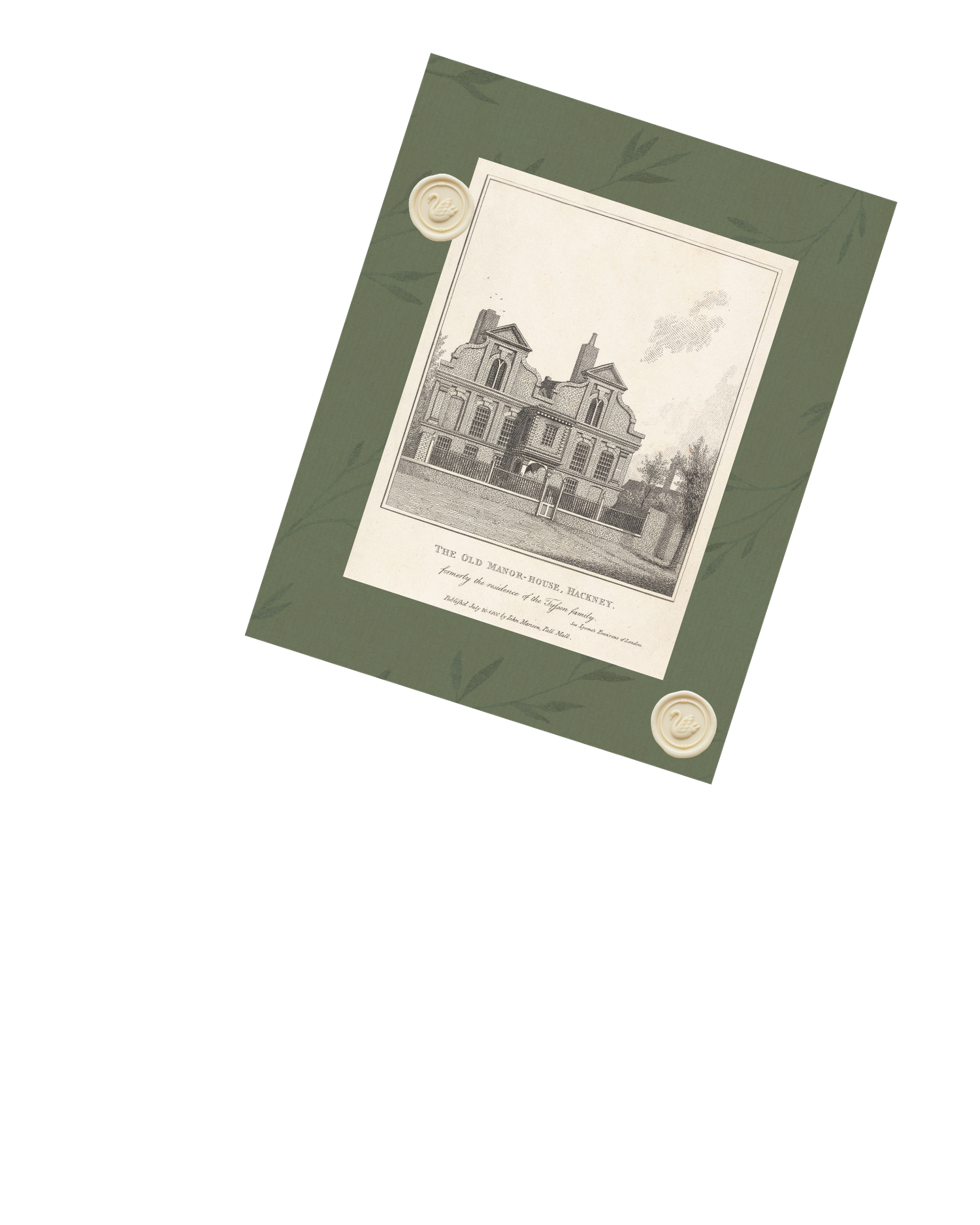 Antique architectural print of a Victorian mansion mounted on green cardstock with decorative wax seals.