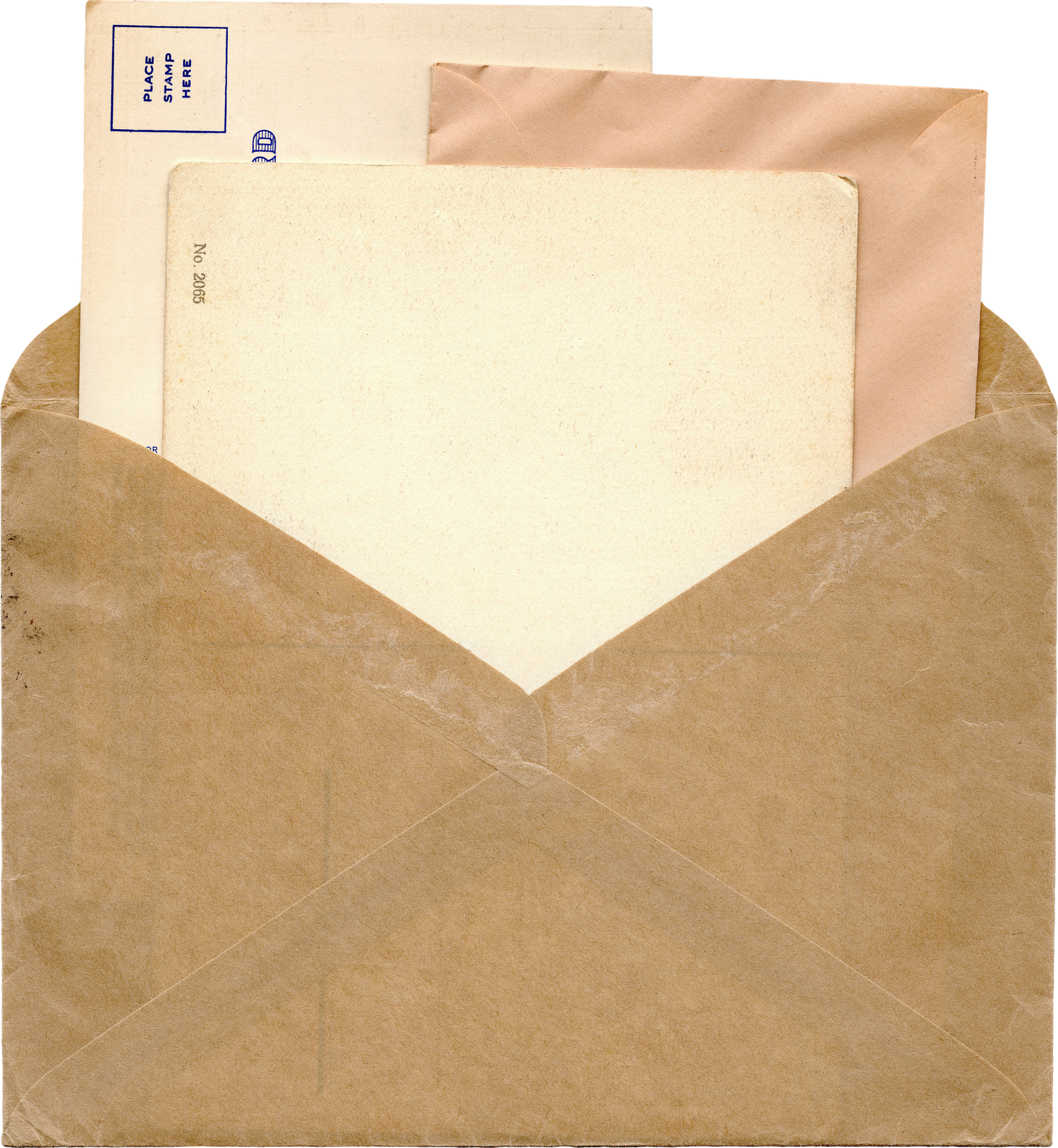 Vintage brown envelope with old letters and documents tucked inside, isolated on white background.
