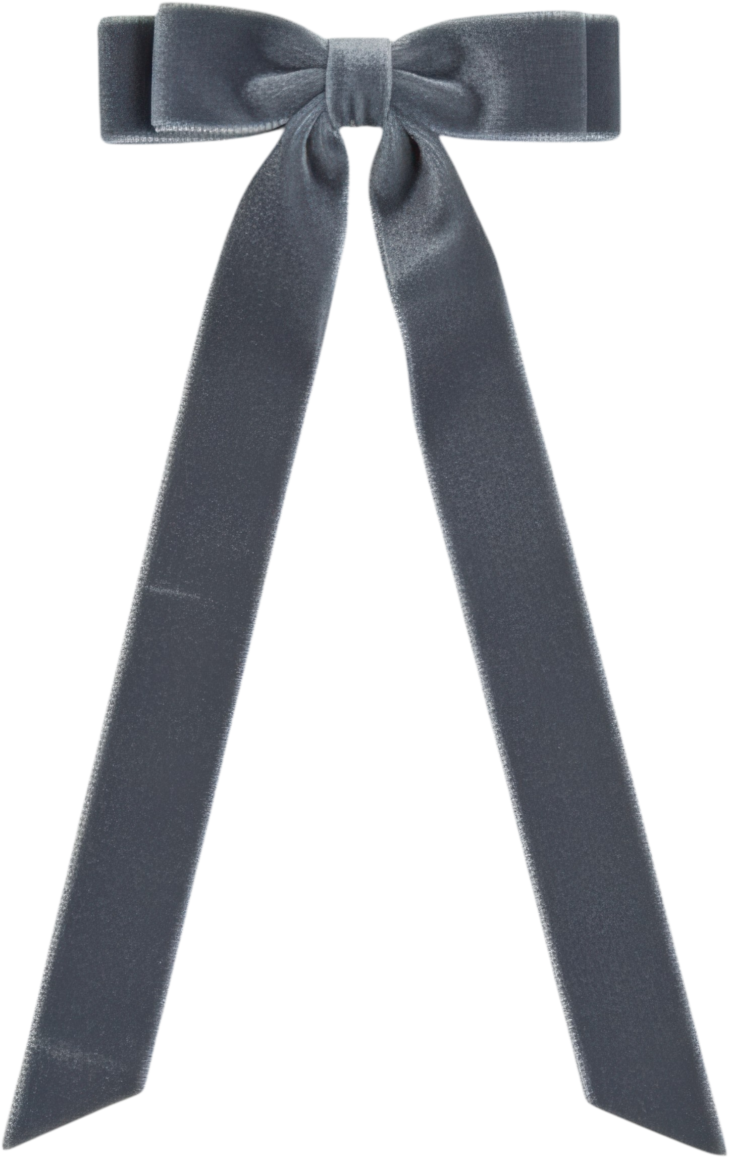 Elegant gray velvet bow hair clip with long trailing ribbons on a white background.