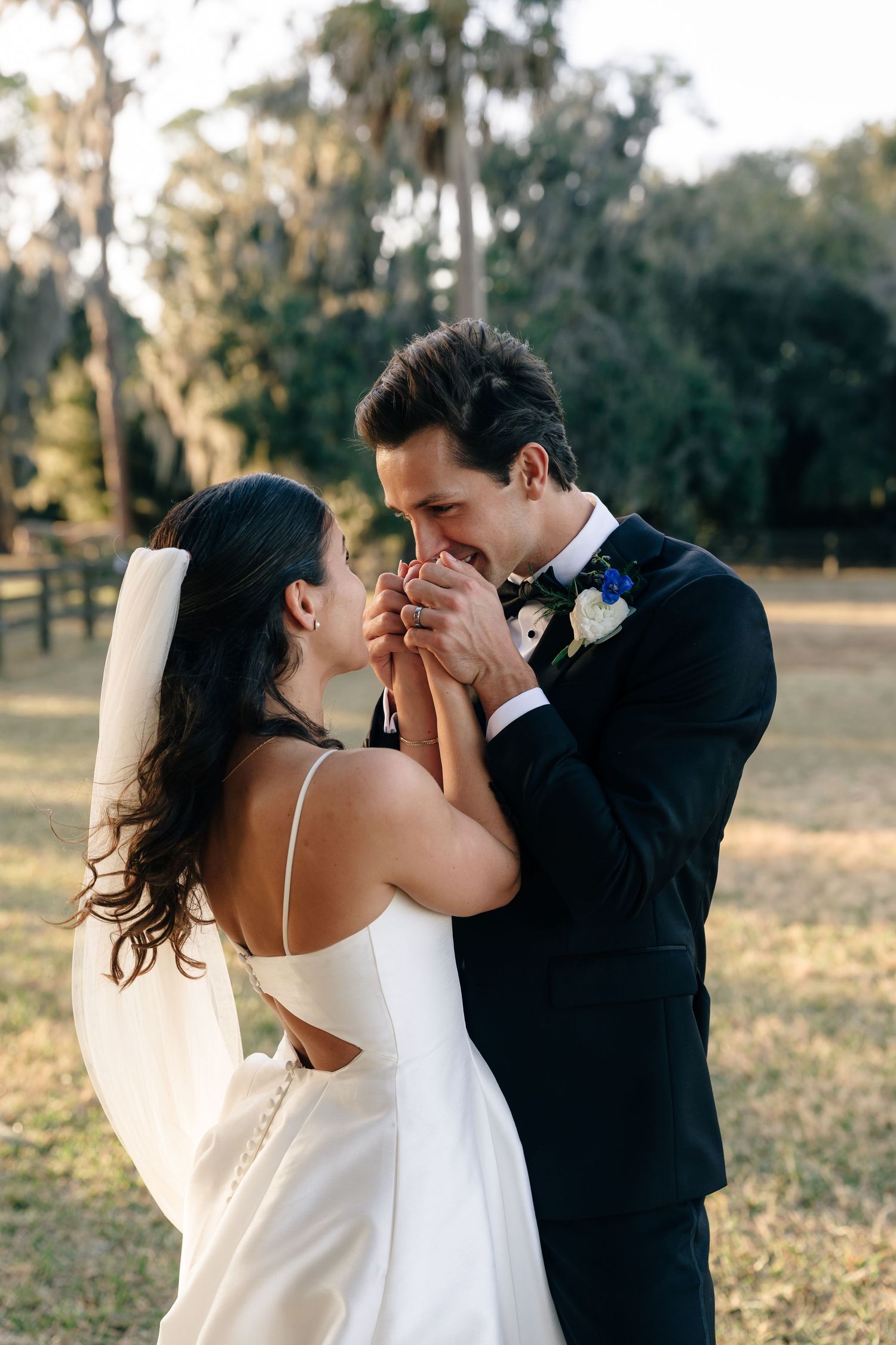 A romantic wedding couple shares intimate moments in a series of outdoor photos at sunset.