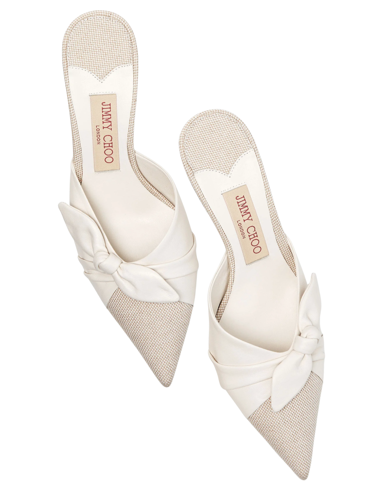 Jimmy Choo white leather bow-detail pointed-toe mule slides on neutral canvas fabric insole.