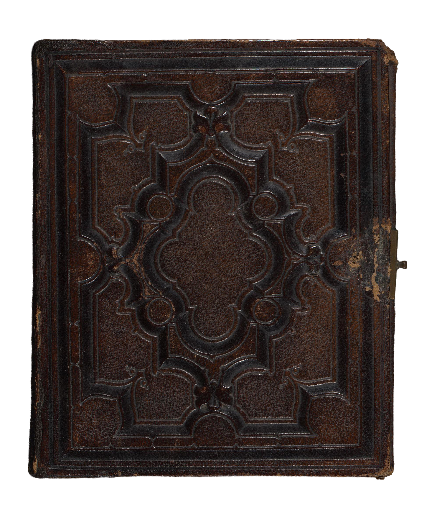 Antique dark brown leather book cover with ornate embossed baroque geometric pattern and brass clasp closure.